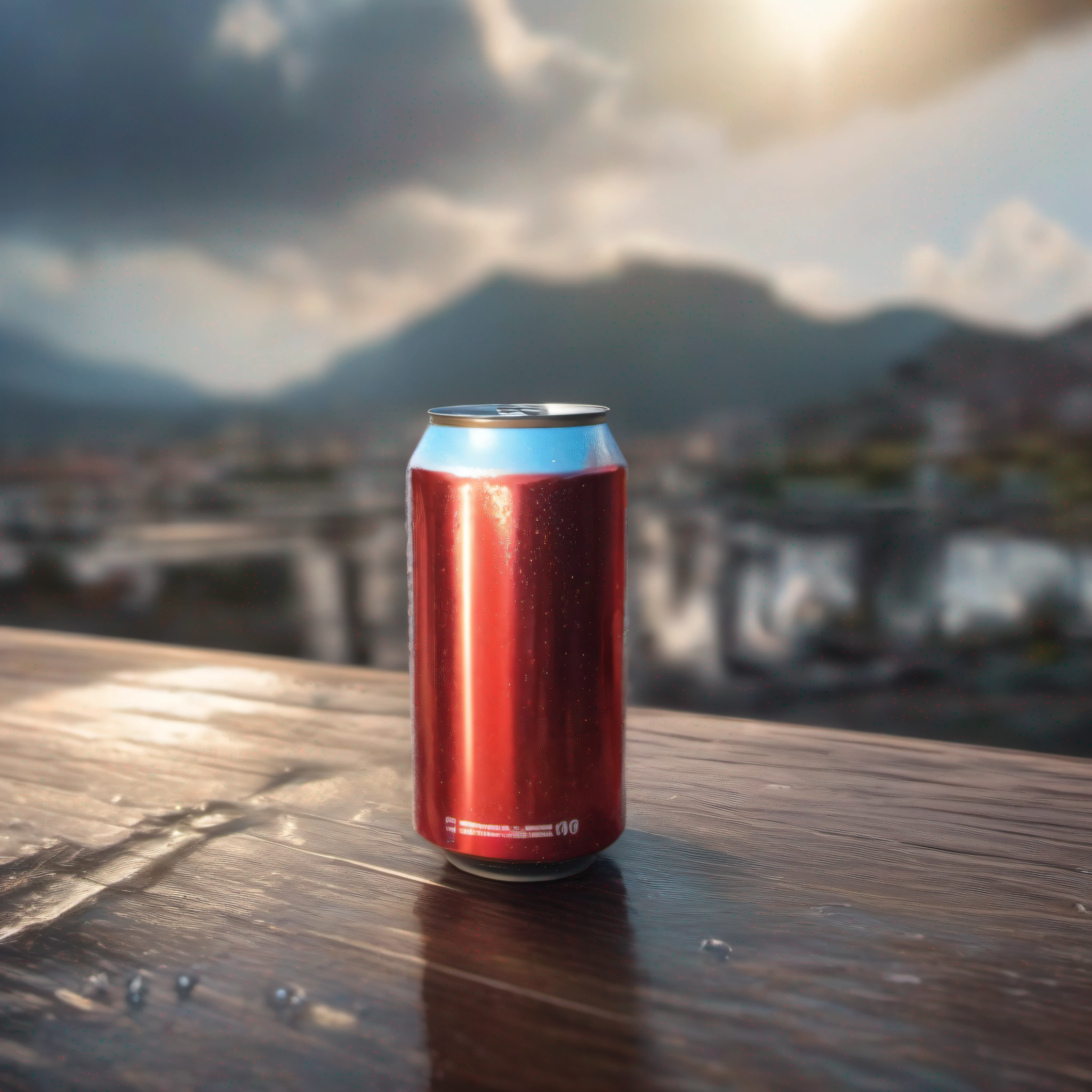 mockup, no logo, aluminum soda can, photo realism, 4K quality, Details, NOhumans, Sunlight and glare, water drops, without logos and inscriptions