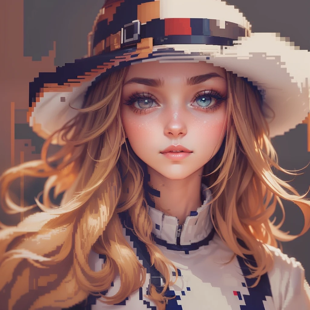 Close up portrait of woman wearing hat entirely in pixels, #pixel art:3, Anime style, #pixel art, #pixel art, Character Face, lofi artstyle, /r/pixel art