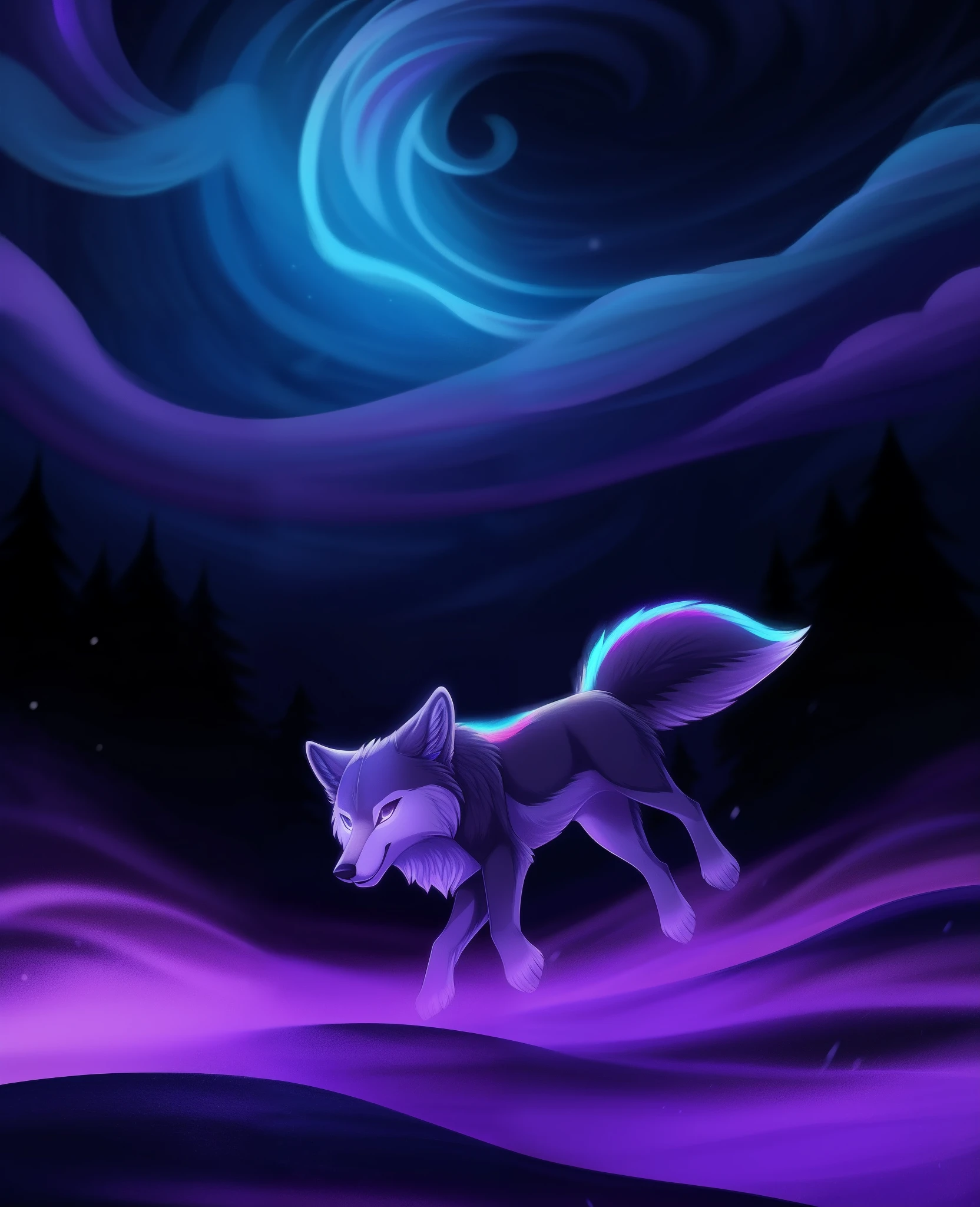 mystical fluffy white majestic [wolf:fox:0.5] running sideways in wild deep snow in night, light trails, sinking 4legs, glowing iridescent, vivid colors, translucent, fog, vapour, nebulae, purple, dark, high quality, high resolution, very coherent, clear focus, well defined, style-pnmagic Style-NebMagic