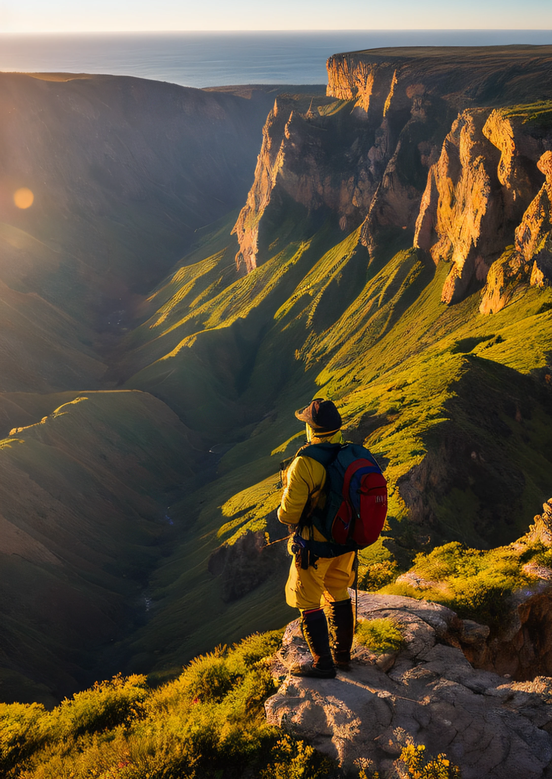 A male adventurer，Stand on top of a hill，Look at the rising sun，Golden yellow sunlight，Precipitous cliffs