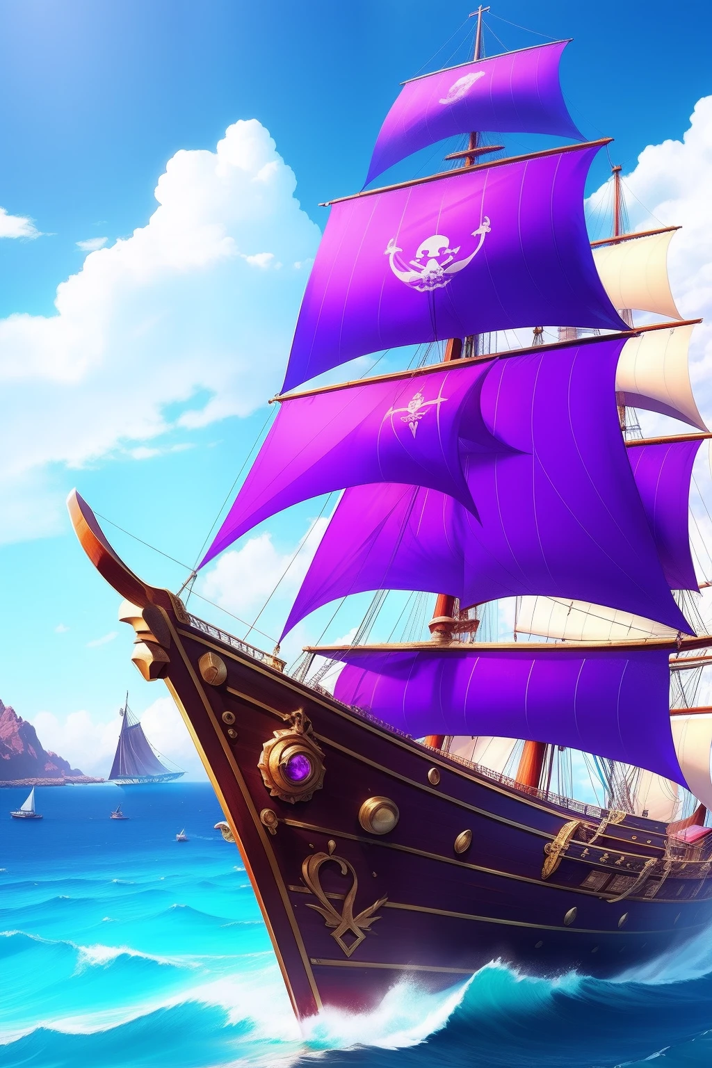 Bright pirate ship,Smooth wooden sides and purple sails sail on the azure sea, 8K, Ultra photo realsisim, trending on artstationh, Rule of thirds