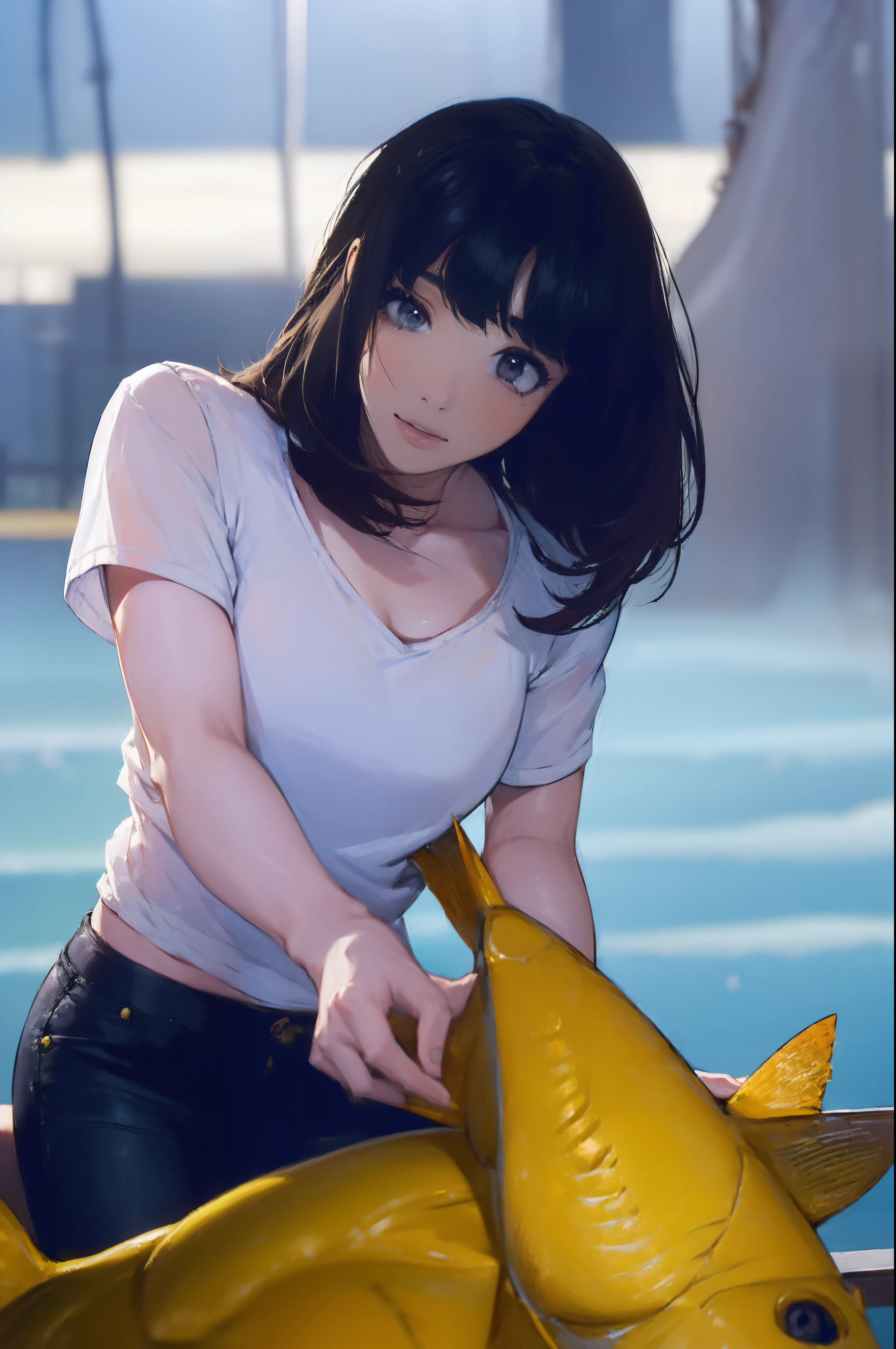 ((((catching a big fish by the lakeside:1.5)))),((Female 28 years old)),((Best Quality:1.5)),(((Hands with the correct number and structure of fingers:1.4))),((Big fish:1.37)),hight resolution,ultra-detailliert,masterpiece,best qualtiy,(Eight-headed body),Black hair, long eyes-lashes, Solid Circle Eyes, drop shadow, Atmospheric perspective,Super Detail, ccurate, small brest,(Black jacket and black jeans :1.1),top-quality, blurry backround, bokeh dof:1.2, (masterpiece:1.3), Atmospheric perspective,Super Detail,dynamic compositions,