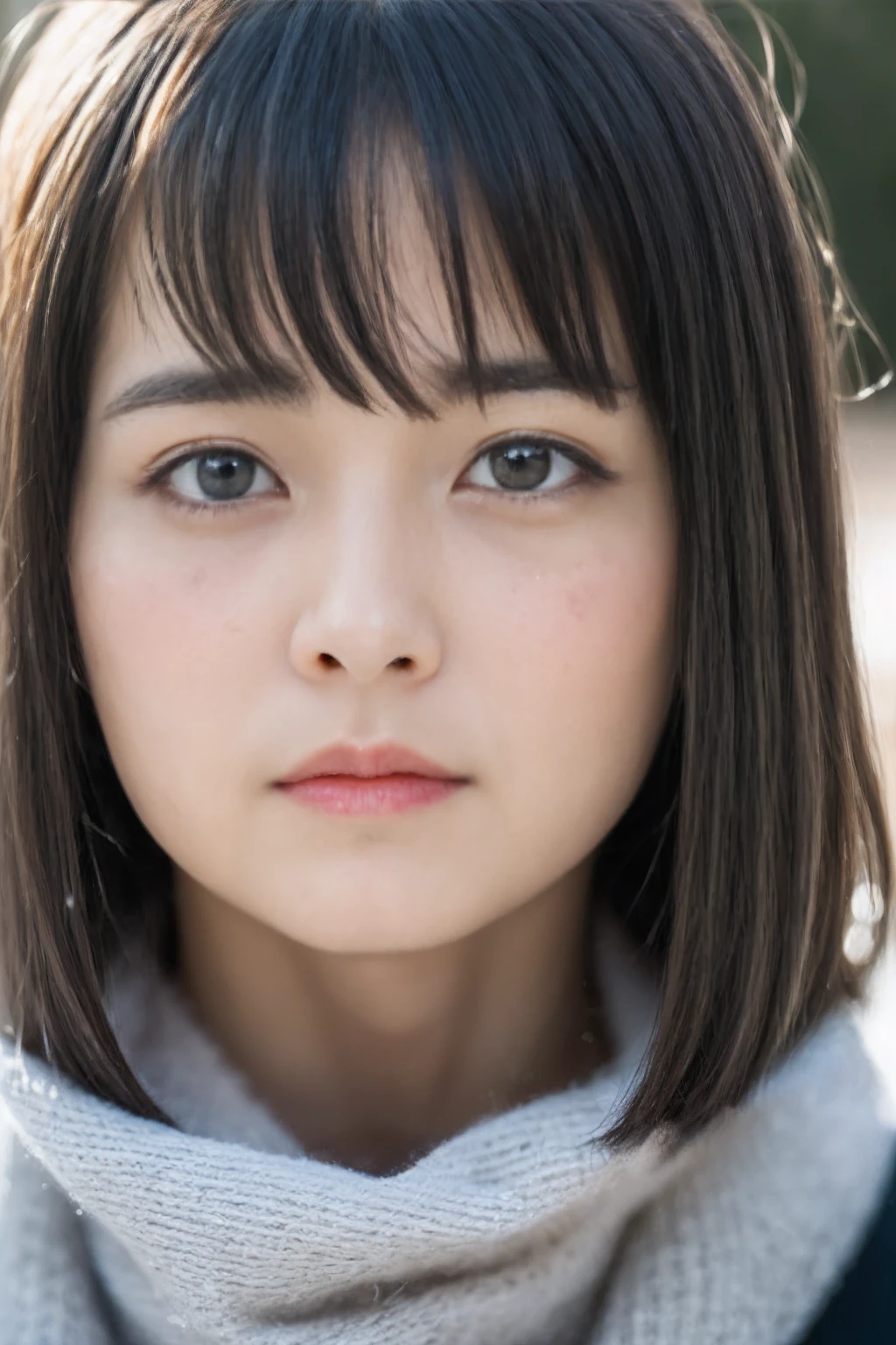 ((Show face only、Close-up of face))、(realisitic、Photorealsitic、ultra-detailliert、Highest Details Skins、top-quality、​masterpiece、超A high resolution)、Cute Japan Woman、17 age、hi-school girl、younggirl、Thin makeup、1 girl in、I have bangs、二重まぶた、drooing eyes、Large black eyes、Japanese style face、purity、is crying、Sad look、Teary-eyed、tears are flowing、lamentation、sob、View here、Realistic skin type、Thick muffler、Grey muffler、Red cheeks、The wind is blowing、It's snowing、Lighting from behind、Round hair