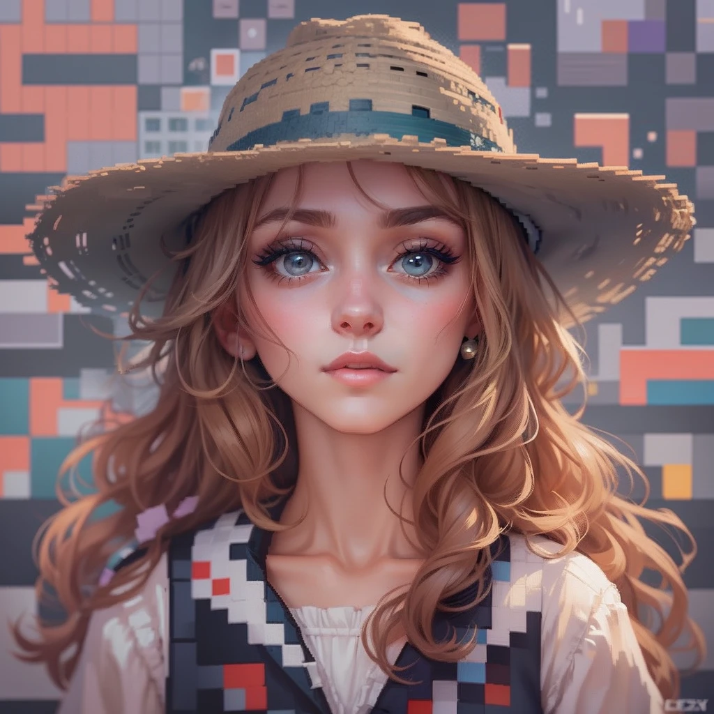 Close up portrait of woman with head and hat entirely in pixels, #pixel art:3, Anime style,1 0 0 0 x 1 0 0 0 pixel art, #pixel art, #pixel art, Character Face, lofi artstyle, /r/pixel art