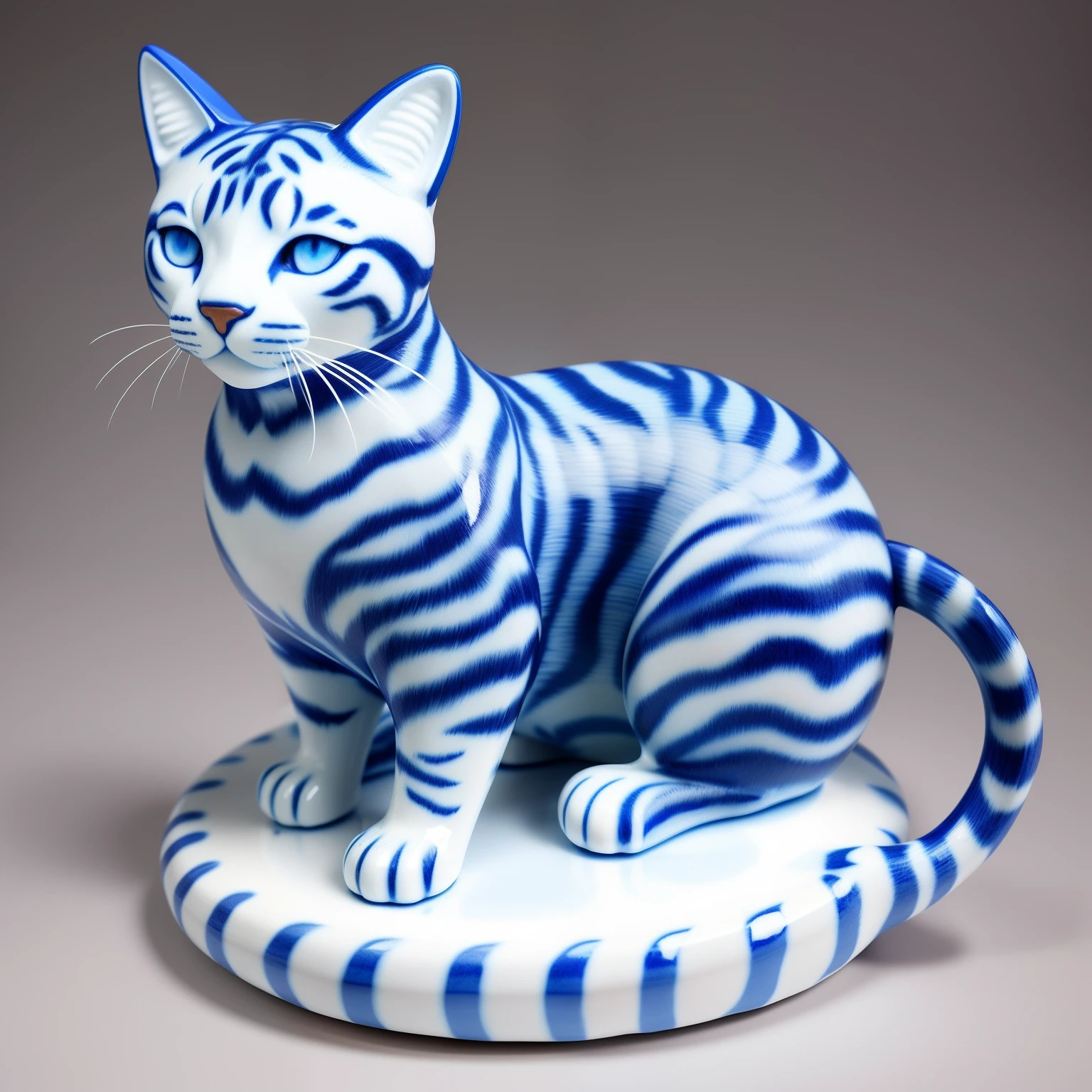 Ultra-realistic ceramic sculpture,Shaped like a Bengal cat,Painted into blue and white porcelain,Infused with blue and white porcelain cat hair texture pattern,Blue and white porcelain