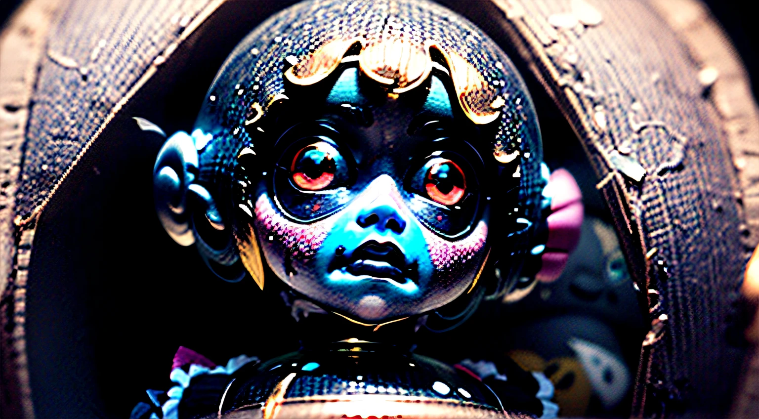 /Imagine Prompt: Horrible doll, Its porcelain face cracked and distorted,Staring with a disturbing ghostly gaze. The eye, Wide open and full of malice, It seems to pierce the soul, Evokes an overwhelming sense of fear. Photography, lens: Macro 100mm, --ar 16:9