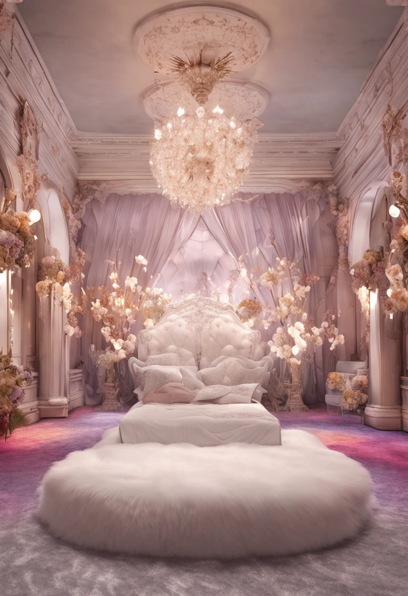 hyper realistic photo, ultra detailed photograph of a beautiful crystal clear bed, butterfly pillows, fairycore, photorealistic, iridescent, hyperrealism, silky blankets, shimmering sunrays, sheer windows, sexy, Ultra photoreal, Intricate details, Ultra detailed, elegant photorealistic, great high details, hyper real photo, 8k, extreme quality, mirrors, flowers, jewels, forest, full room, exotic, glimmering lights, magical, soft