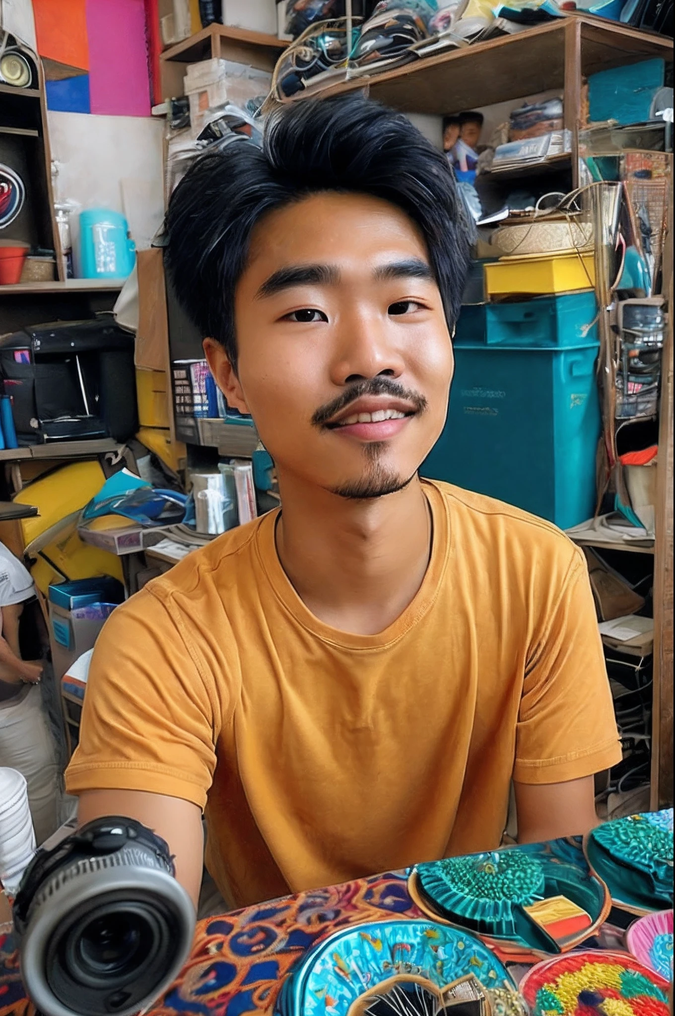 There was a boy taking a selfie in a messy room, south east asian with round face, 2 7 years old, No beard, thawan duchanee, 2 8 years old, 2 3 years old, with mustache, young cute wan asian face, clean shaven face, 8k selfie photograph, 2 2 years old, Asian male, 2 9 years old（tmasterpiece，top Quority，best qualtiy，offcial art，Beauty and aesthetics：1.2），（1girll），Extremely detailed，（s fractal art：1.3），Extremely colorful，Most detailed