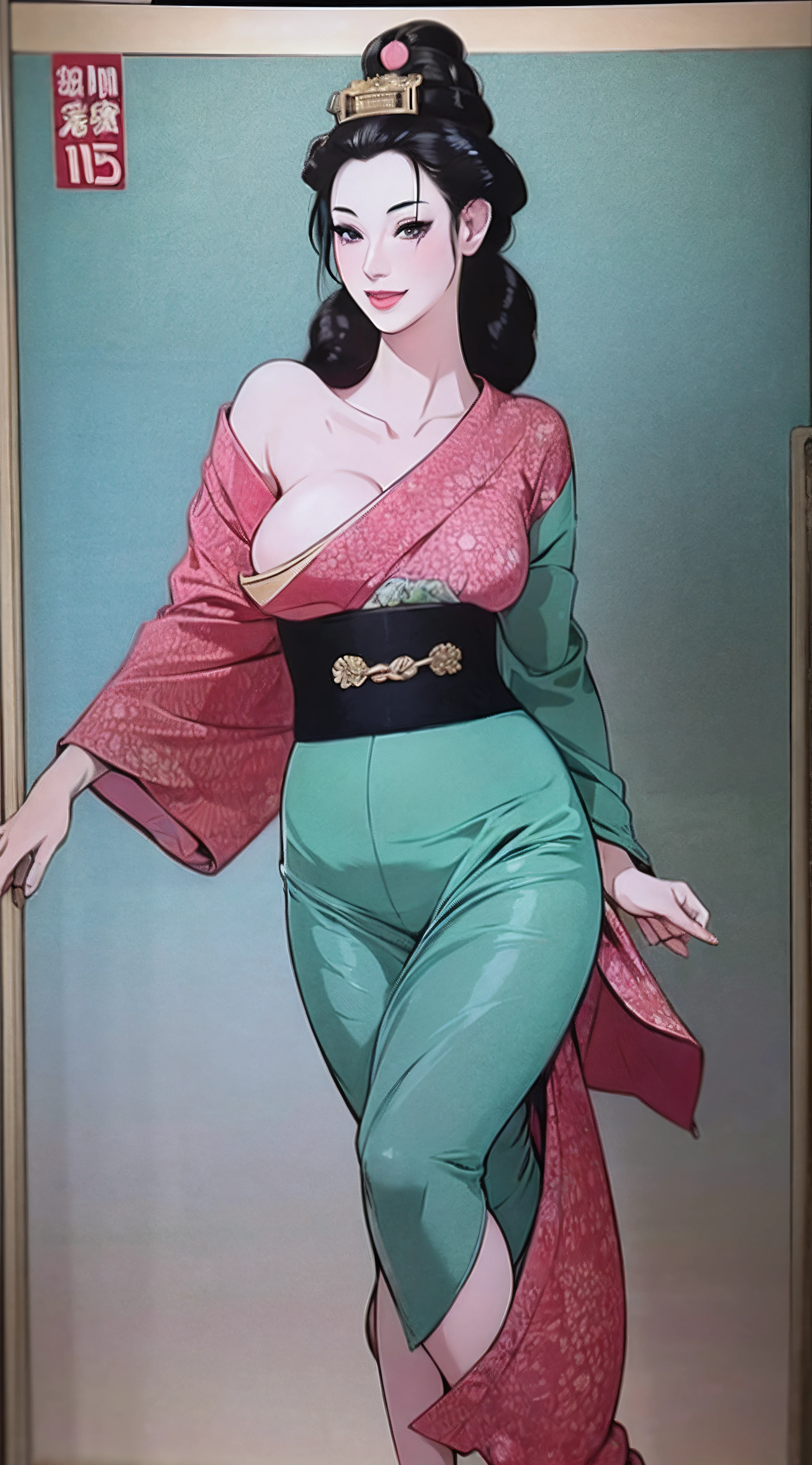 NSFW, Raw photo, 超A high resolution,(Photorealsitic:1.4), A dark-haired, Smile, Bright pupils, high detailing, Realism, Fujicolor, Image Fill, viewfinder, Eye-Level Shot, 8K, Super Detail, nffsw, retinas, masutepiece, Anatomically correct, Textured skin, high details, High quality, awardwinning, Best Quality, hight resolution, 16 K, huge-breasted, Kimono、Komono、(Wisteria floral pattern)、Silk、ria、Trailing hair、Japan beauties、Big ass、(wonderful proportions:1.8)、(10 head body:1.8)、Slim body、thin-waist、(Smart standing)、(Dignified atmosphere)、Cool sensation、Sense of cleanliness、(Full of elegance)
