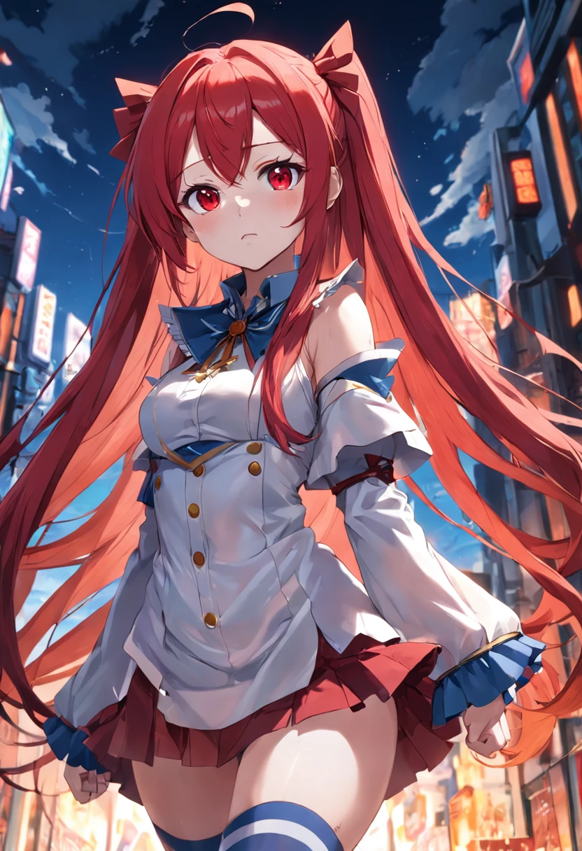 Long red hair and red eyes,Western fantasy,White and blue clothes,white stockings,animemanga girl,Facial detailed,Cute expressions