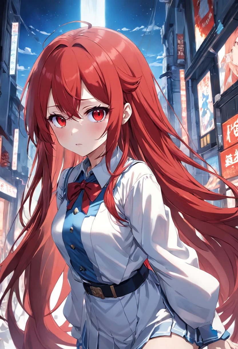 Long red hair and red eyes,Western fantasy,White and blue clothes,white stockings,animemanga girl,Facial detailed,Cute expressions