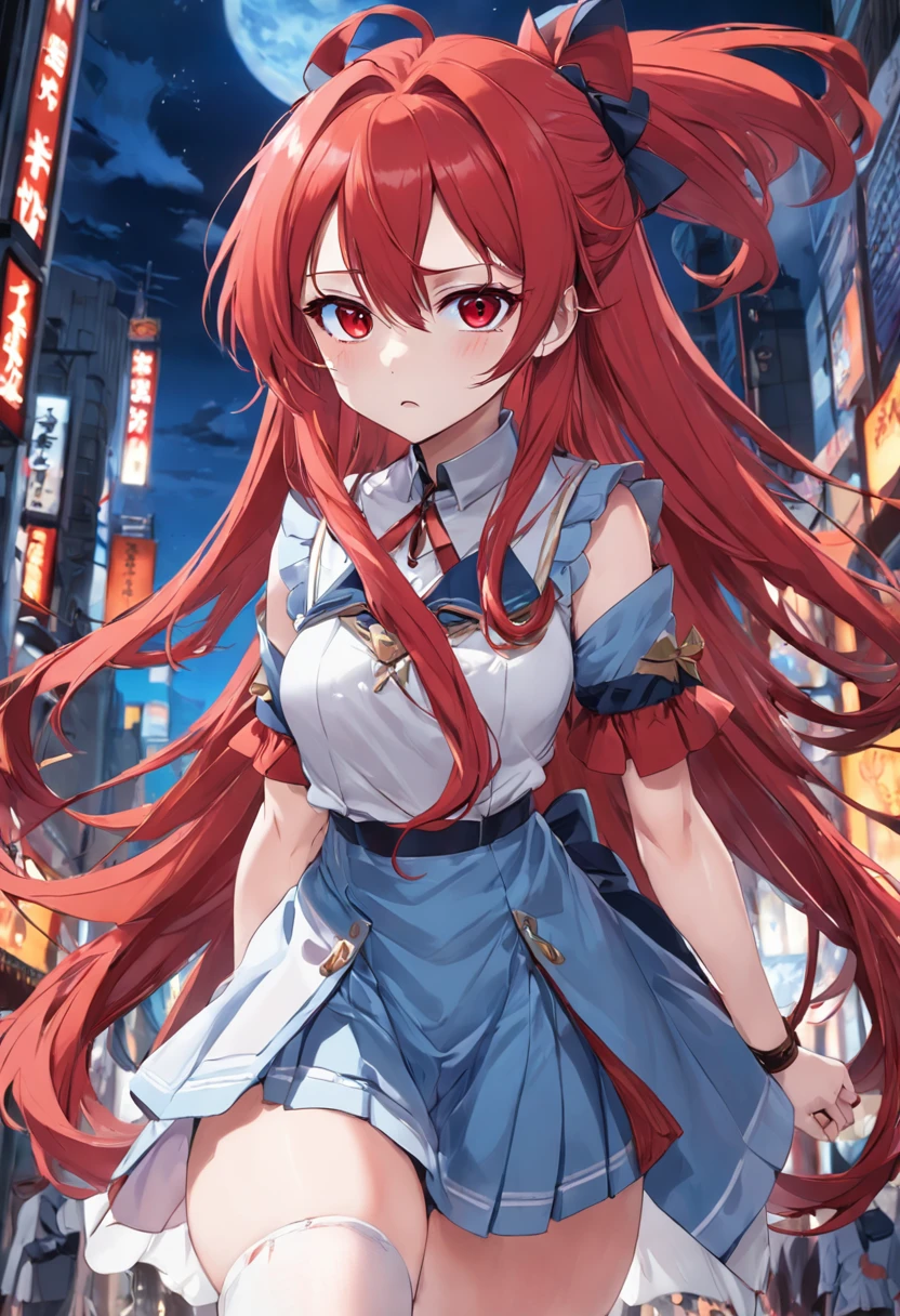 Long red hair and red eyes,Western fantasy,White and blue clothes,white stockings,animemanga girl,Facial detailed,Cute expressions