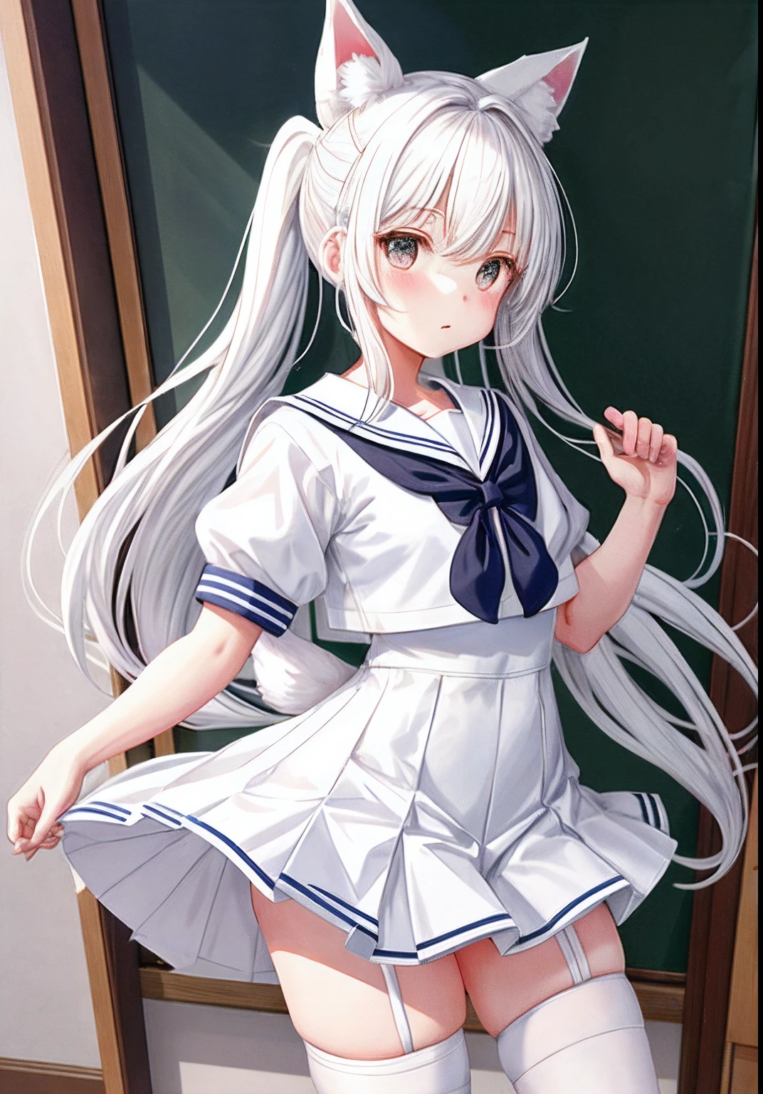 1 girl, Teresa's Revelation, hair ribbon, , serafuku, cowboy shot, Backlight, sunbeam, classroom, indoors, window, light smile, looking at the viewer, Face-to-face audience,