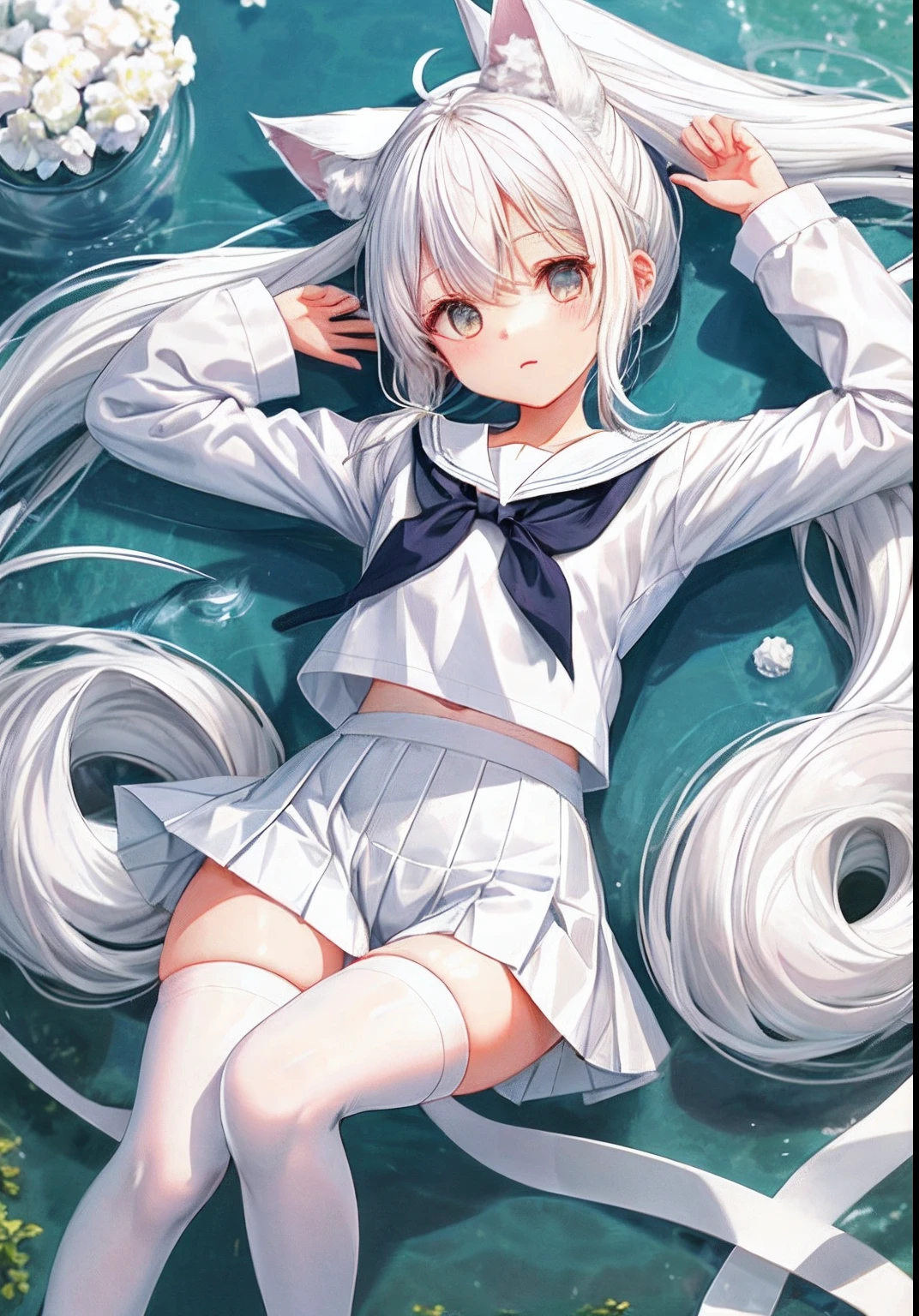 Slender Beautiful Girl, Alone, Sailorsk Water, High Resolution, Top Quality, Fine Detail, No Blushing Cheeks, Knee High, Dynamic Angle