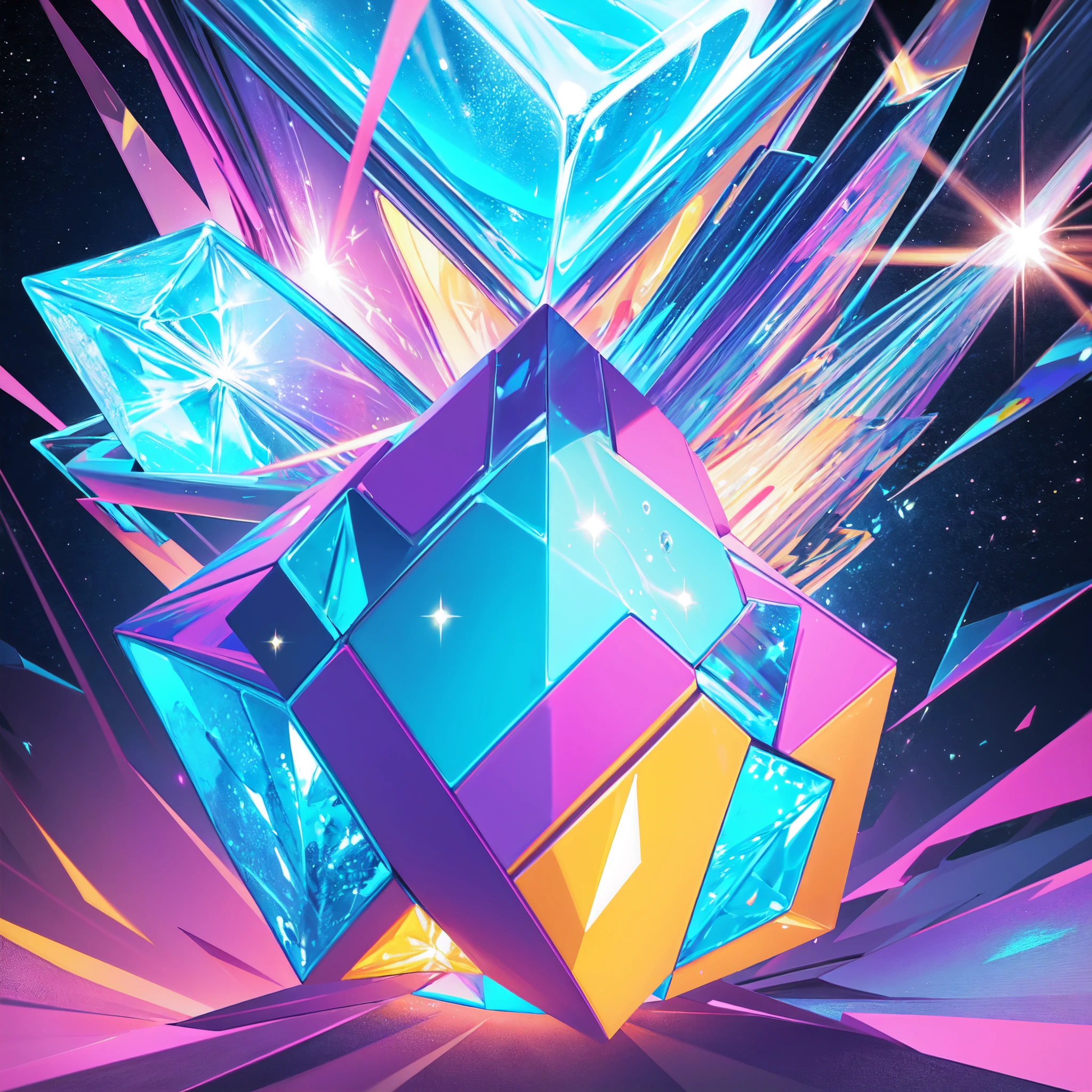 cube, magical, shinny, colourful, beautiful, reflection, fantasy, abstract, 4d , sun lighting, rim lights, sparkles,  bloom,cool, bright colours, shinny , masterpiece, high quality, crystal, neon, wallpaper HD quality crystal neon wallpaper, abstract, art, colourful vibrant colours light, science, scifi