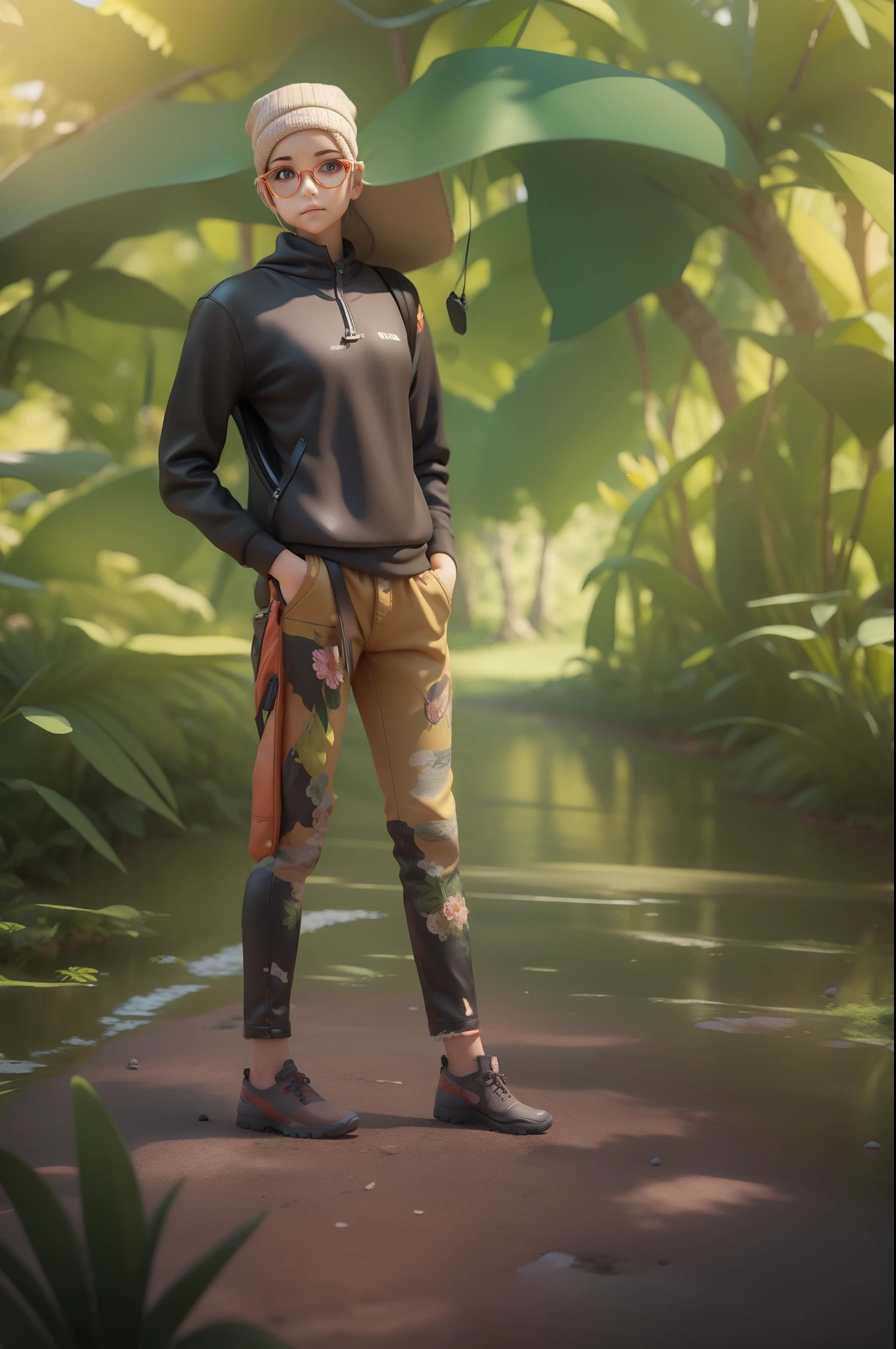 There is a poster with a cartoon character in a hat and backpack, female explorer mini cute girl, walking in the wilderness, flower jungle, animation style rendering, cute 3 D rendering, small characters. Unreal Engine 5, stylized anime, cute detailed digital art, Atey Ghailan 8 K, stylized 3D rendering, adventure surreal rendering, anime style 3D, 3D rendering stylized