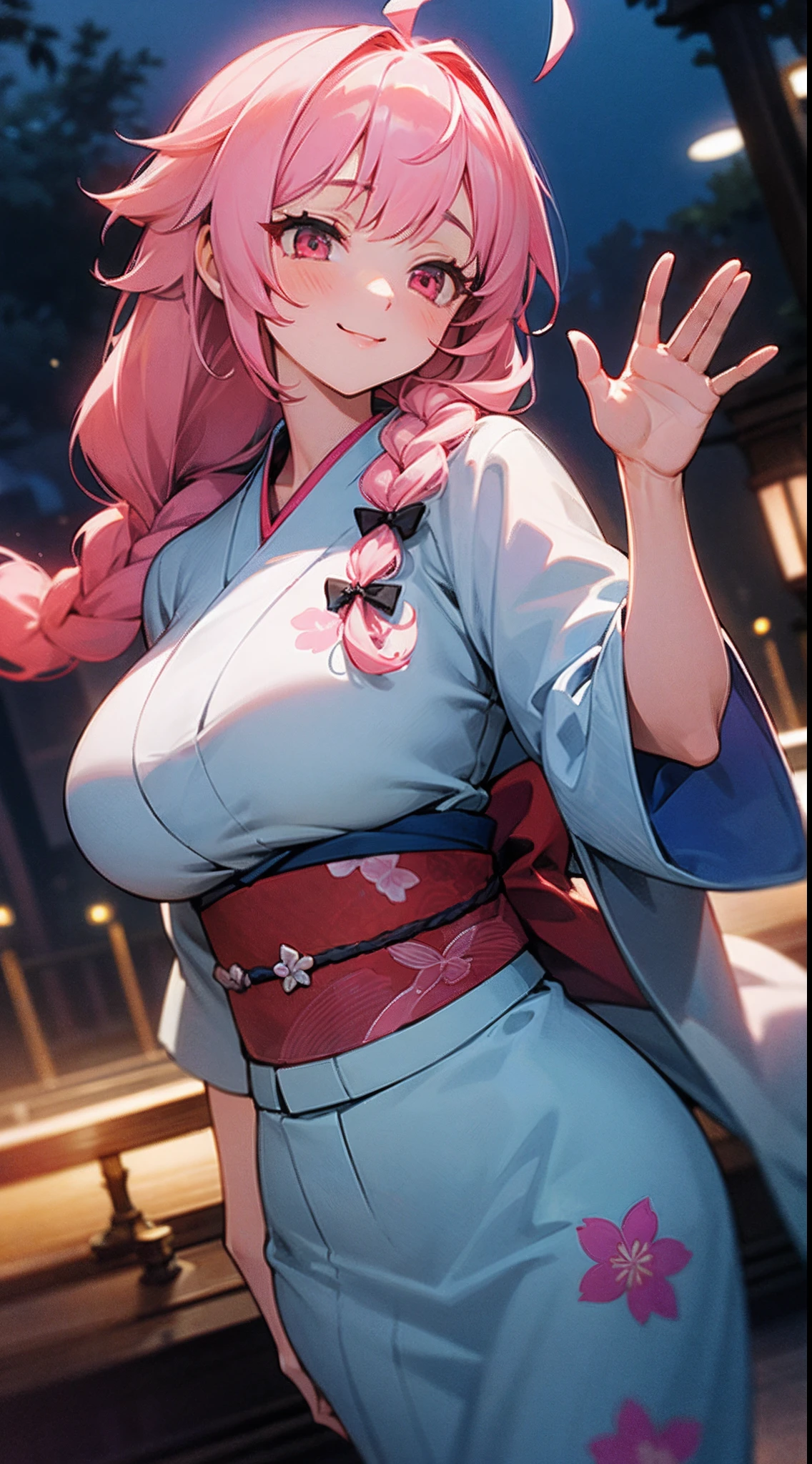 1 girl, game CG, floral blue kimono lift, gigantic breasts, pink hair, long hair, braids, princess hairstyle, ahoge, pink eyes, night, embarrassed,