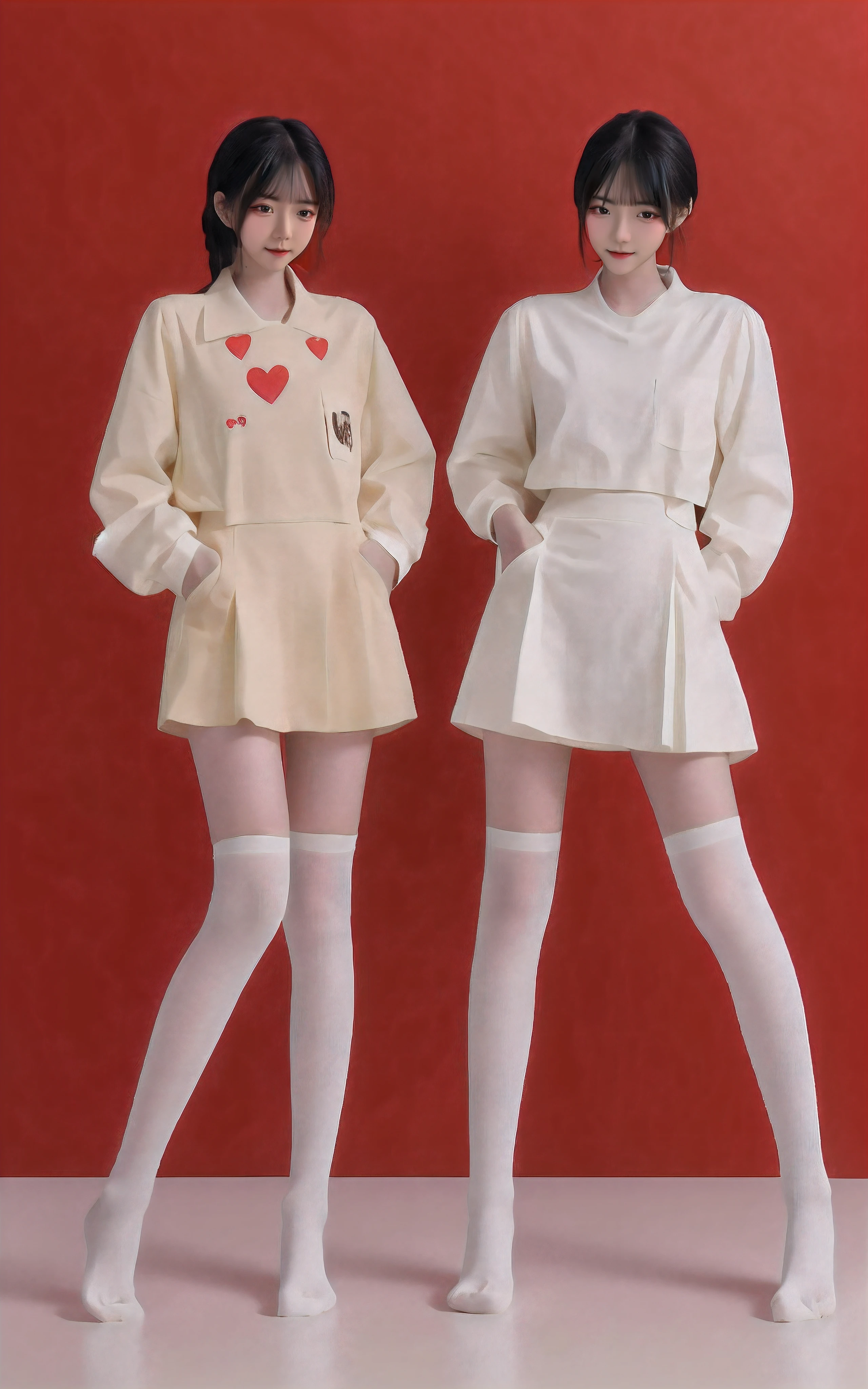 Two women wearing white dresses and red stockings pose for a group photo, inspired by Wang Duo, white and red dresses, nixeu and sakimichan, red velvet, full-body xianxia, shaxi, two models in the frame, concept photoset, trending on cgstation, high - end fashion photoshoot, inspired by Gao Cen, wearing white clothes