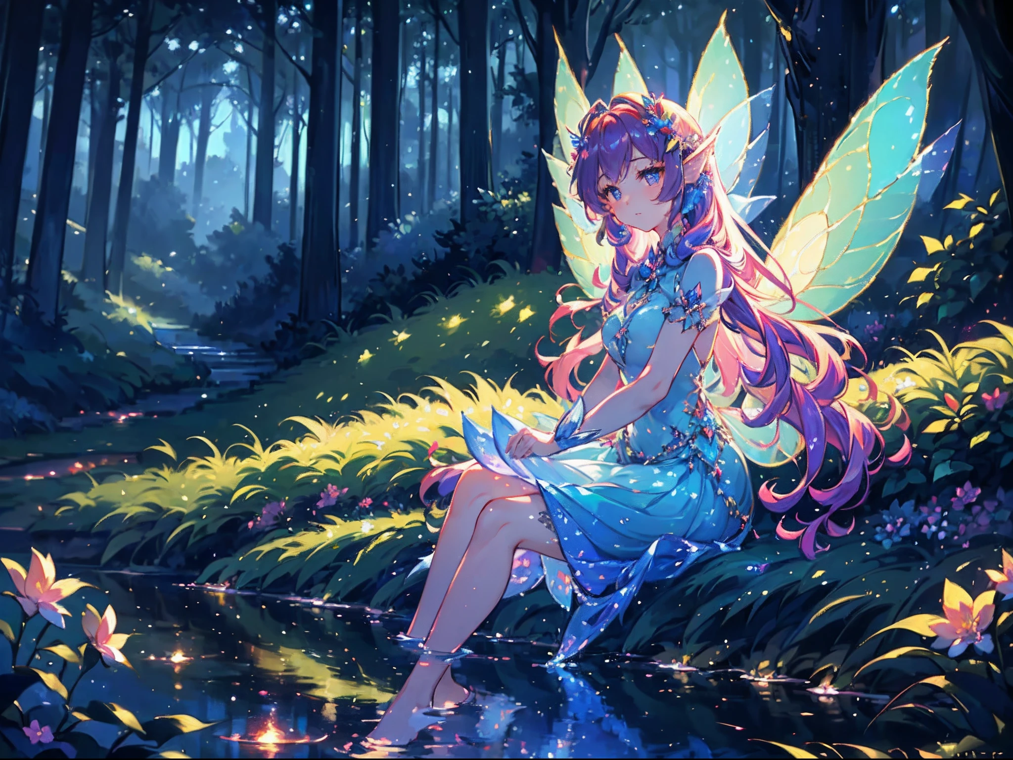 Oil painting, Impressionist, Sitting by a deep forest fountain in the Mysterious moonlight, feet immersed in water A girl, Beautiful face and brightly colored shining eyes. (Wearing big fairy wings of night effect:1.5) 。She wears an intricate and delicate lace dress. Fantastic deep forest lakeside decorated with flowers. Floral. Reflections. Vivid colors. High image quality.