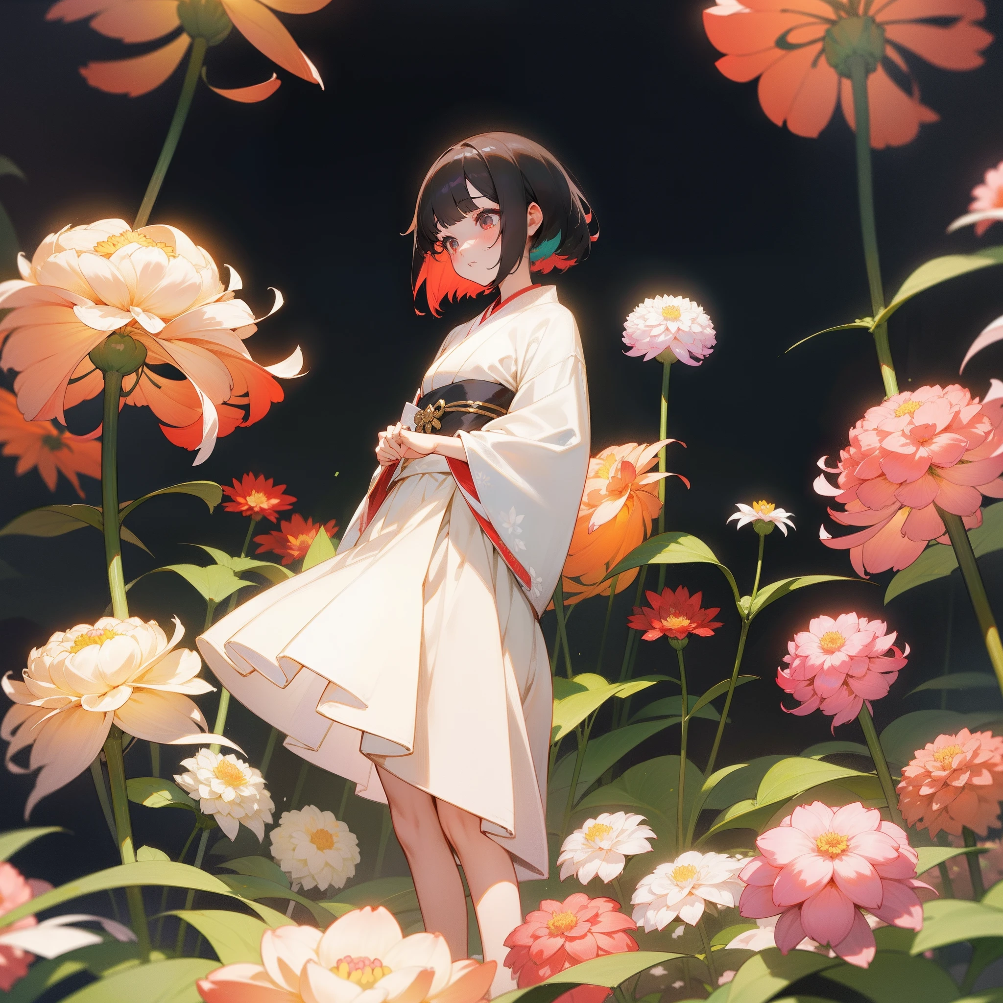 In a beautiful light、One girl was standing in Japanese clothes。Surrounded by colorful dahlia flowers、Multicolored dahlias were blooming profusely as if blessing her。The flower language of the dahlia is「gorgeous」で、She, too, was gorgeous and sophisticated as the word。This scene radiated a fantastic beauty as if in a dream.。