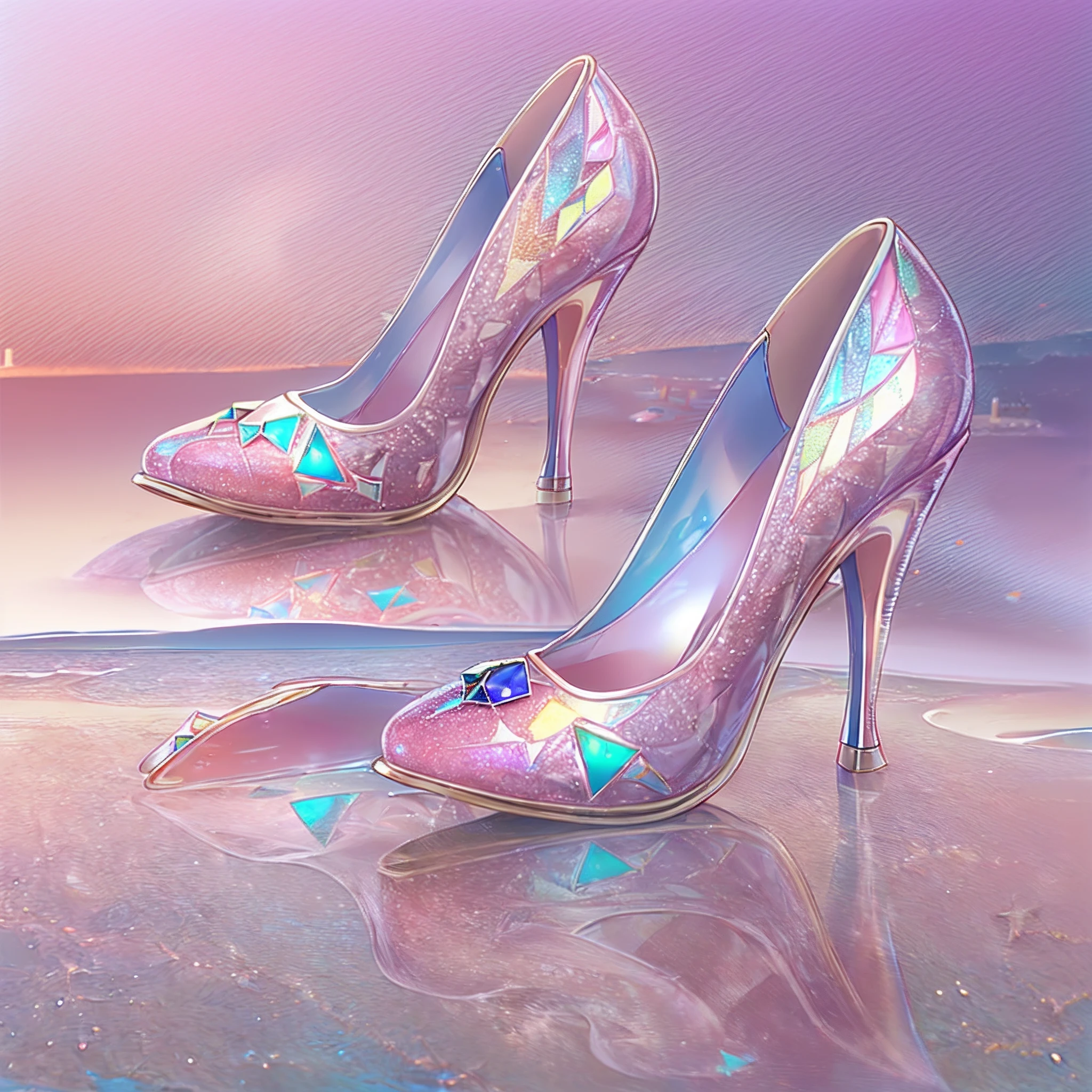 A pair of high heels，without humans，(Top resolution:1.5),  (Top image quality:1.5), Close-up of a pair of shoes on a shiny surface, slightly holographic, fairy tale style background, made in adobe illustrator, Magical items, holograph, illustration!, Pink high heels, Crystal heels， (The background is the seaside:1.6)