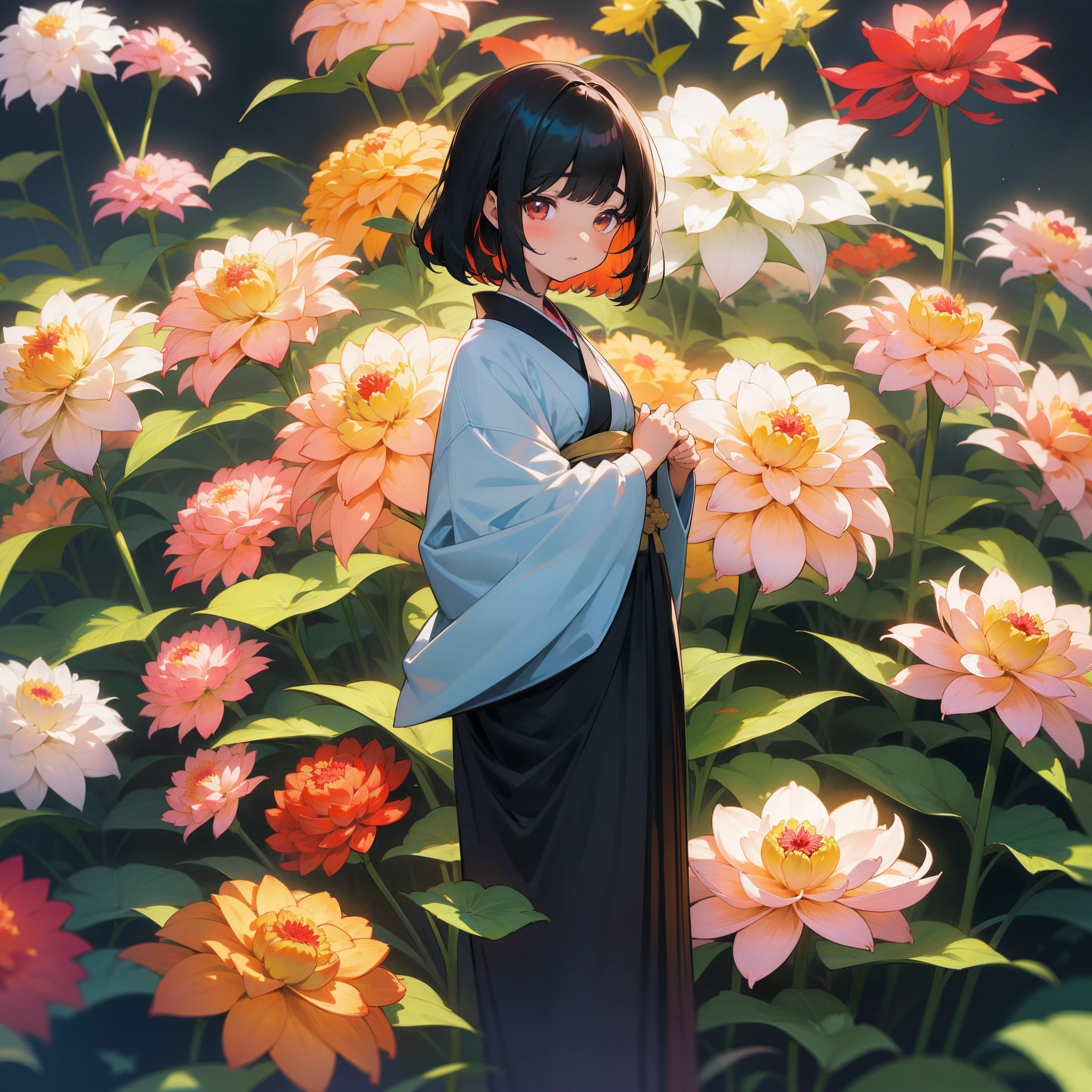 In a beautiful light、One girl was standing in Japanese clothes。Surrounded by colorful dahlia flowers、Multicolored dahlias were blooming profusely as if blessing her。The flower language of the dahlia is「gorgeous」で、She, too, was gorgeous and sophisticated as the word。This scene radiated a fantastic beauty as if in a dream.。