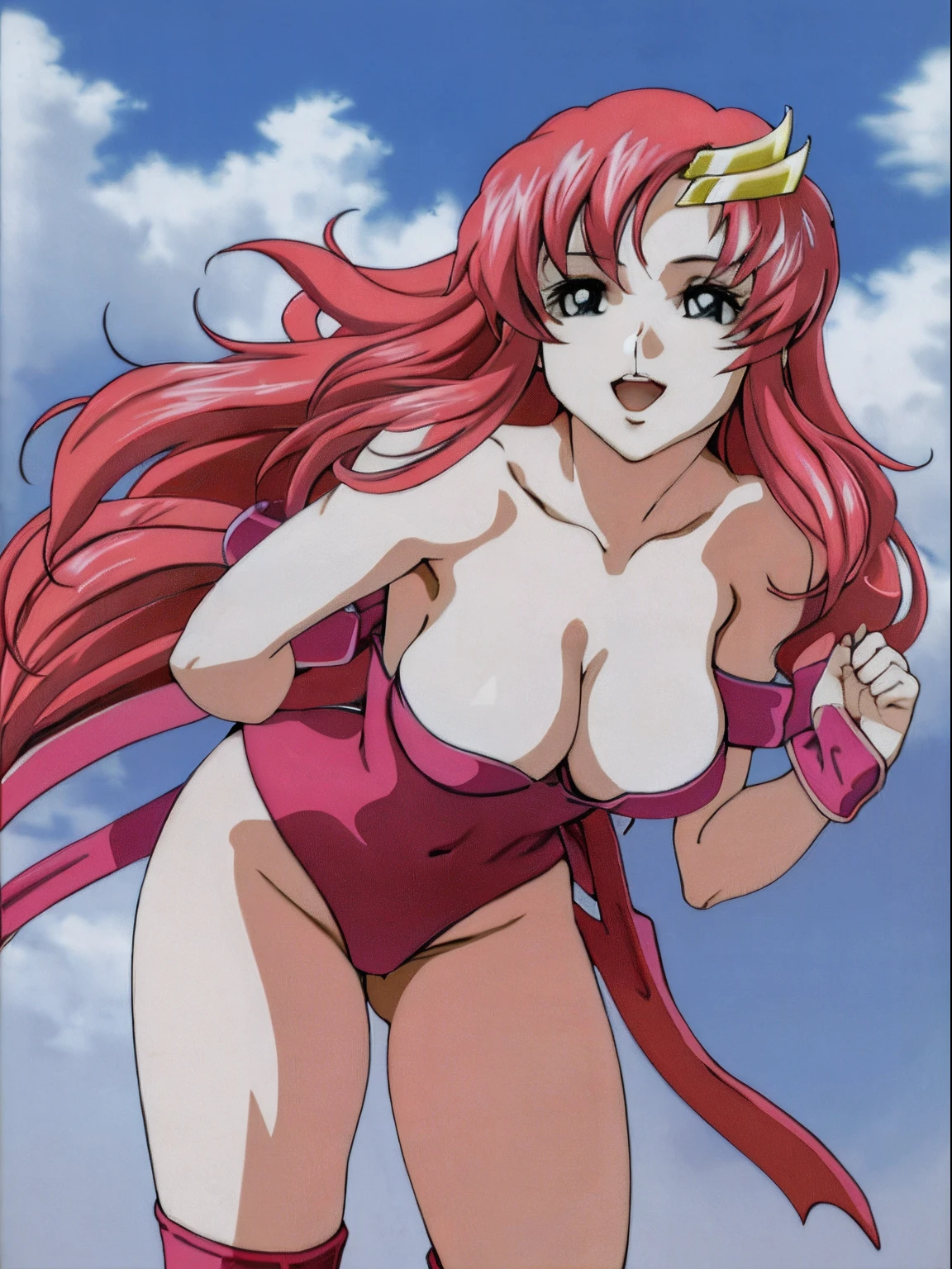 (masterpiece, 4K, Best Quality, Anime style: 1.9, bold drawing lines, High color saturation, Detailed face, tall, Adult Woman, lovely, (cloud background), Drawing lines, high resolution, Anime, lacus4), 1girl in, Solo, curvy figure, Long hair, 鎖骨, scapular, Wavy Hair, Detailed wide hair bangs, Hair Ornament, Detailed reddish-pink hair, cleavage, large hands, Big blue eyes, Smile, closed mouth, Very happy, ((closed fists)), (laughing, open mouth), ((medium breasts)), ((strapless wrestling leotard), (wrestling long boots), bare thighs, strong arms, biceps, rib lines, ((lean forward)), legs, standing, (hands on hips), happy, bare shoulders, (navel, belly button)