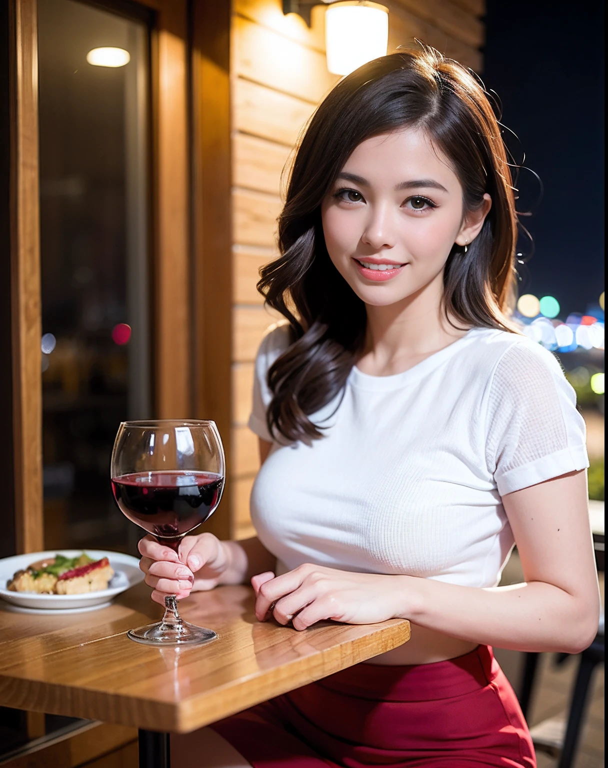 (64K, UHD, top quality, masterpiece: 1.2), (realistic, photorealistic: 1.37), super detailed, pretty woman 1 person, (slim face), (slim body), (brown hair), (short cut), cheeks slightly blushing, (44 years old), 38 years old, solo, beautiful detailed urban night view outside the window, restaurant, wine glasses sit, at night, in a prominent placeNovaFrogStyle, Actress, Model, Waist Up, White Wine, Slim, Wine Glass, Super Clean Night View, Wine Glass Put in the Middle, Happy Smile, (Smile: 1.15), Beautiful Fine Eyes, Upper Body, Bust Japan Up, Night, Short, Short, Actress, Model, Waist Up, White Wine, Slim, Wine Glass, Super Clean Night View, Wine Glass Put in the Middle, Happy Smile,