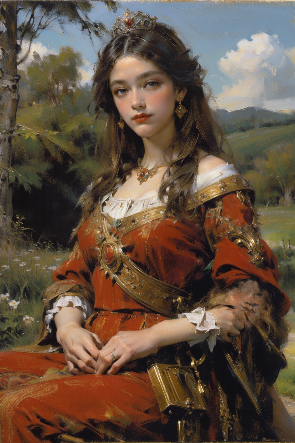 A painting of a woman in a red dress sitting on a bench - SeaArt AI