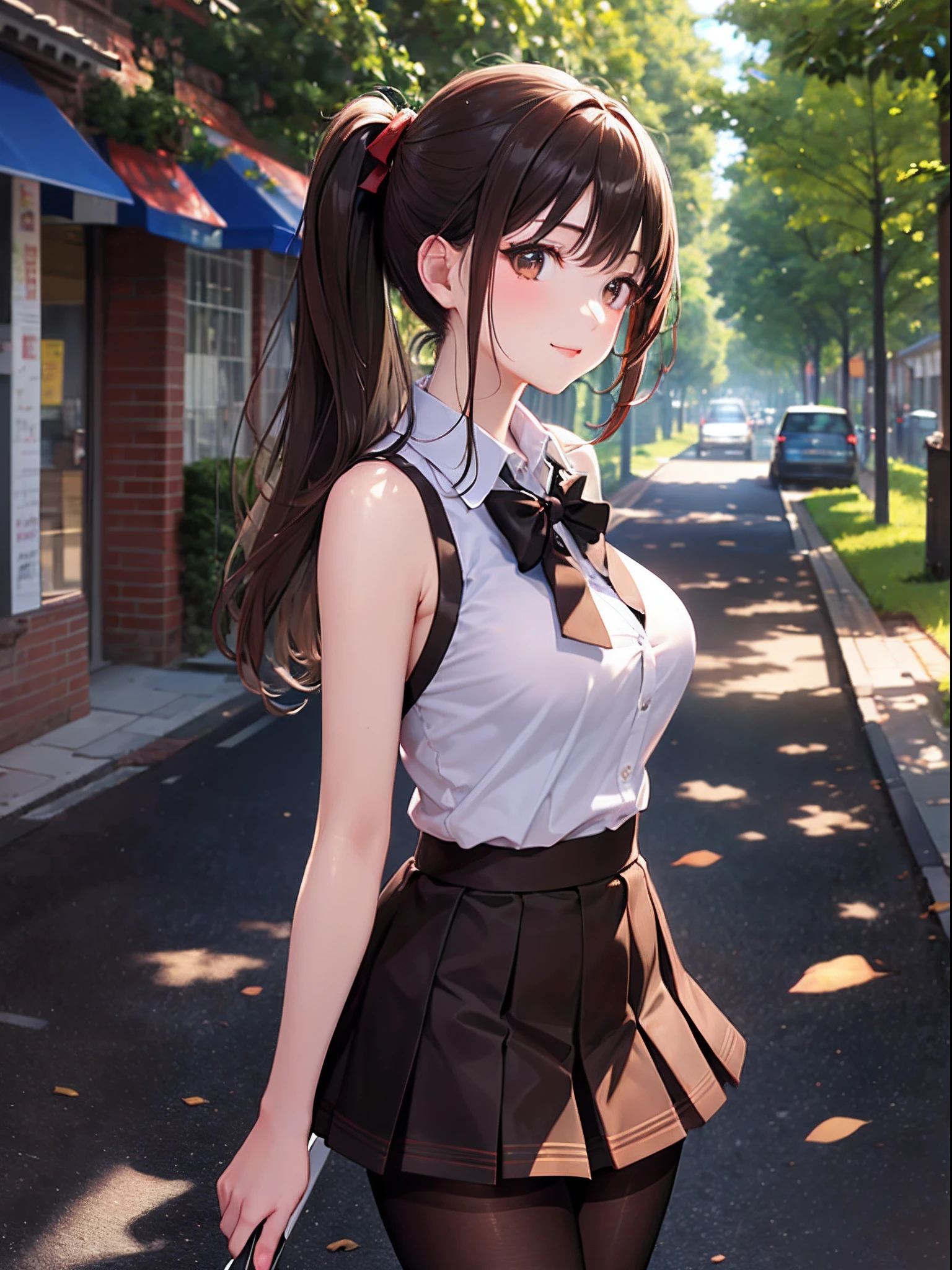 (top-quality: 1.3)、(masterpiece: 1.3)、(The ultra-detailliert: 1.3)、(wall-paper, one girls)、(White sleeveless collared shirt:1.3)、(Black Mini Flared Skirt:1.3)、(Brown pantyhose:1.3)、Red bow tie、(Brown hair:1.3)、Medium Hair、poneyTail、(Beautiful Large Breasts:1.3)、a park、ssmile、sexypose、Walking