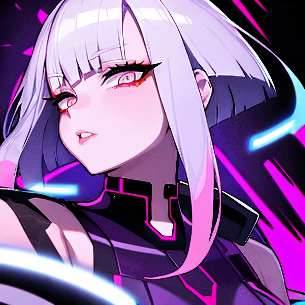 Lucy \(cyberpunked\), 1girl in, bangss, Silver hair, Colored tips, a purple eye, jaket, long-sleeve, Look at viewers, Medium Hair, facial portrait, O cabelo multicolorido, Hair flies upwards, cparted lips, partedbangs, (Mad eyes), opens his eyes wide, Half Face, Silver hair, portraitures, Pink eyeliner, Pink lips, 独奏, White jacket, cyberpunked\(Series\), Cyberpunk Edge Runner