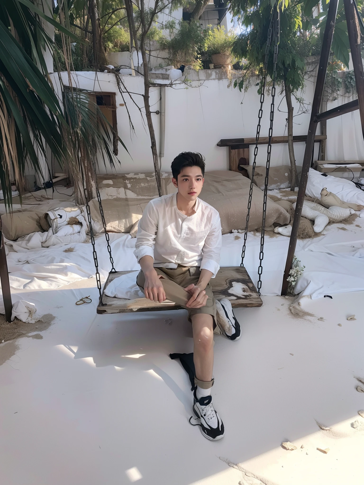 1boy,white  shirt，nedium breasts，鎖骨，Duck kneeling，In a comfortable bed,Cross ed leg,Soft light