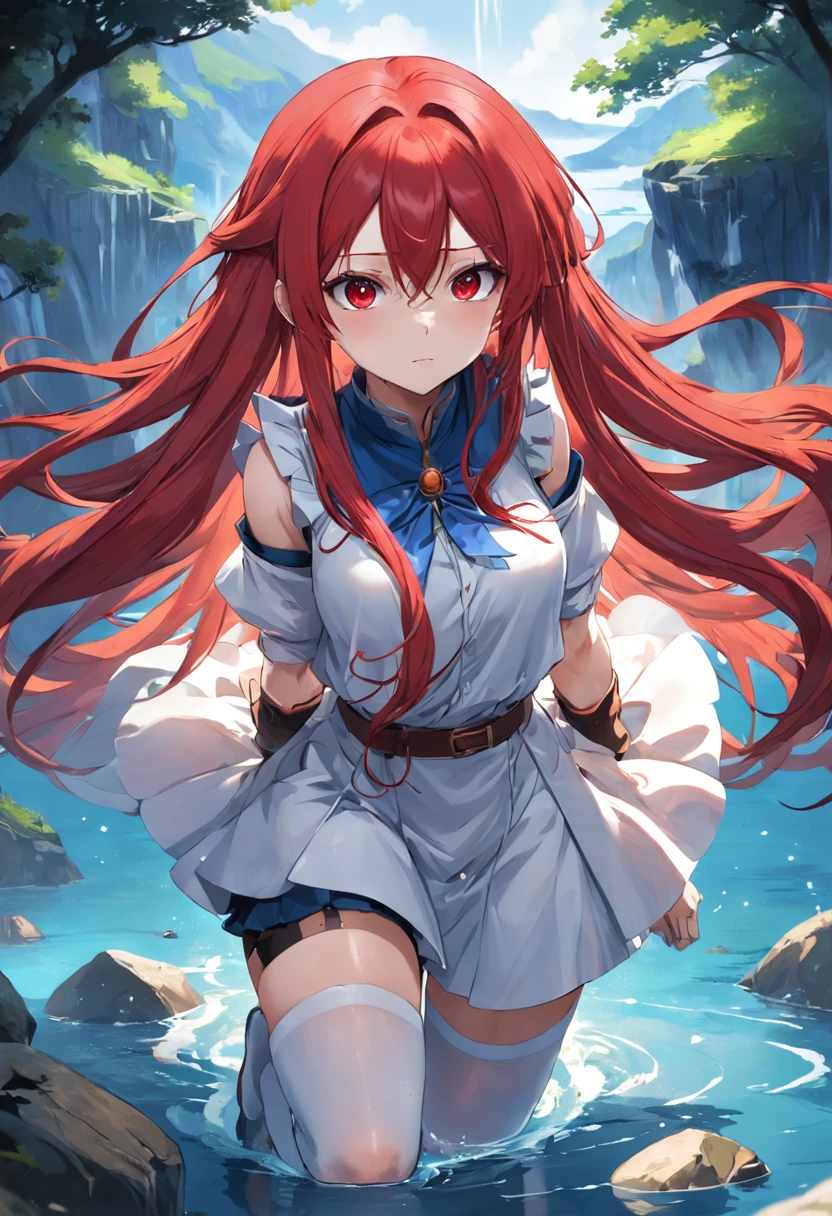 Long red hair and red eyes,Western fantasy,White and blue clothes,white stockings,animemanga girl,lakes,astonishment