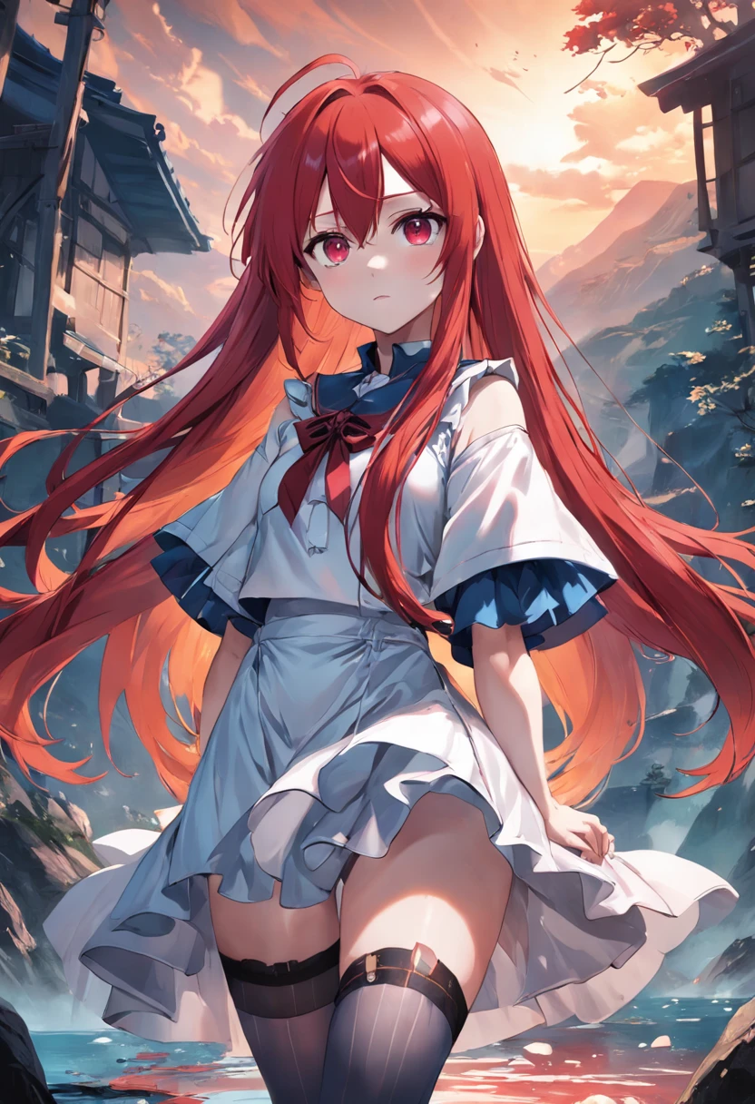 high detal，high high quality，A high resolution，Keqing's personality, Genshin Impact, Electronic, white  clothes, White double ponytail，Short skirt that wraps around the hips，Beth，leg loops，ssmile，Place one hand behind your back，Be red in the face，White flowers fall，Anime girl with long hair and white shirt standing in a flower field,, Girl with fox ears, White fox ears, Fox ears，red color eyes，white color hair
