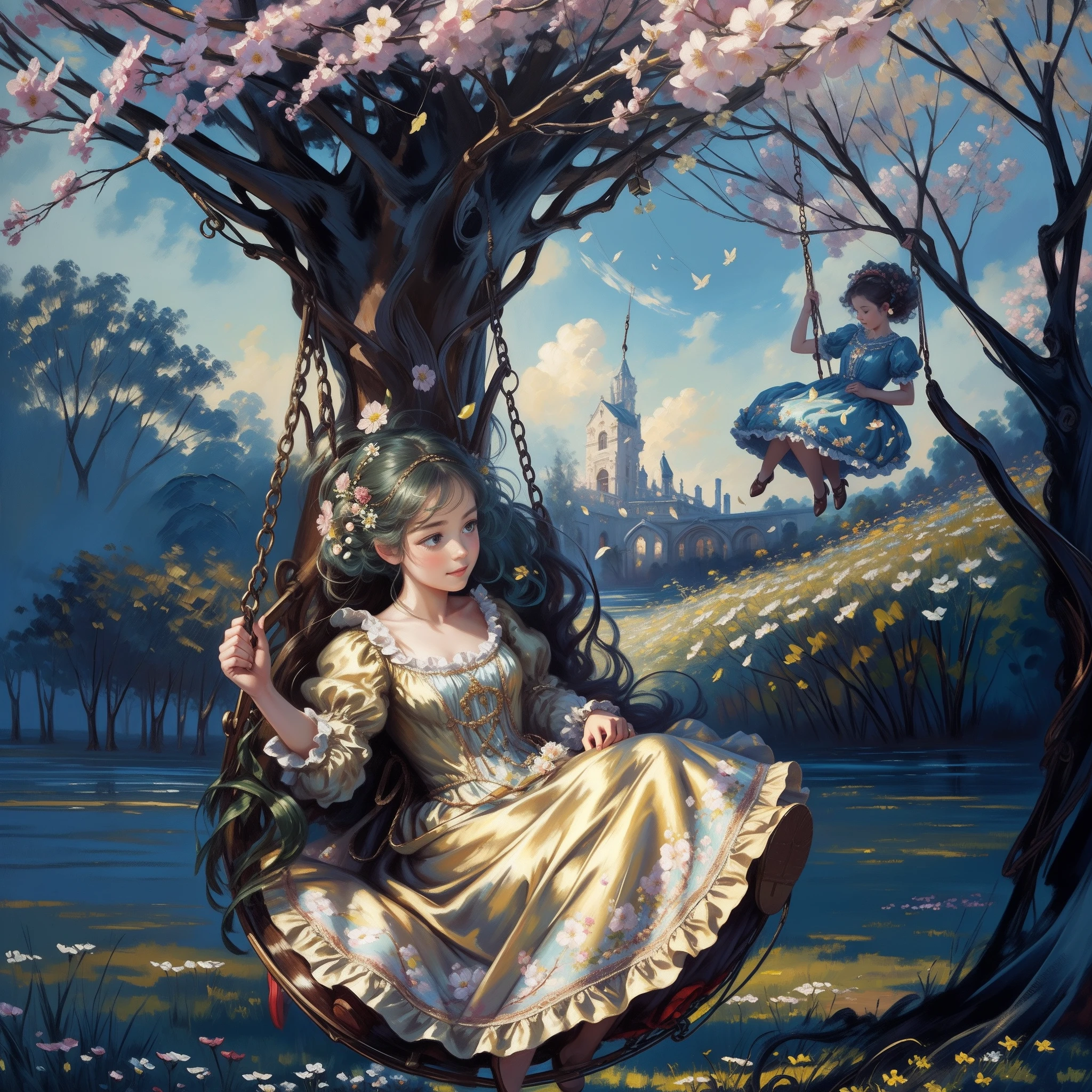 Woman swinging on a swing attached to a tree, romantic dress with full skirt, pettycoats, rococo style, flowery garden as background, ((oil painting1.5)), whimsical, colourful, impasto.