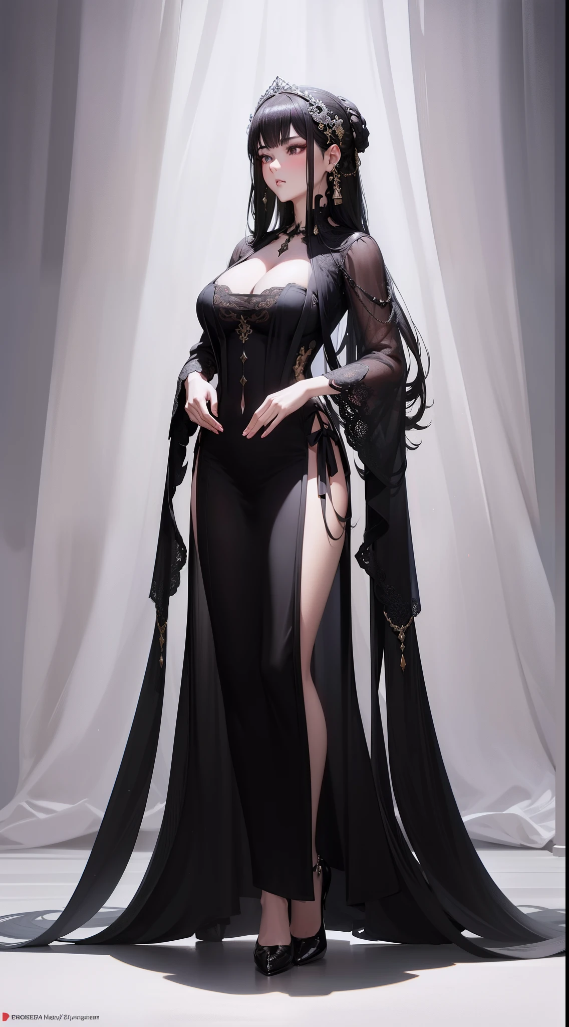 Digital illustration of oriental women in Art Nouveau,Fitted black silk garment，Tight black silk，Transparent black silk throughout，pitch black skin，No other clothing， steampunc, anime big breast, Pretty face, Large scale, Realistic proportions, Highly detailed, smooth, Sharp focus, 8K, Ray tracing, Digital painting, concept art illustration, By Artgerm, trending on artstationh, Sony A1，royal elegant pose，((a beautiful fantasy empress))，elegant standing posture，full-body portraits，