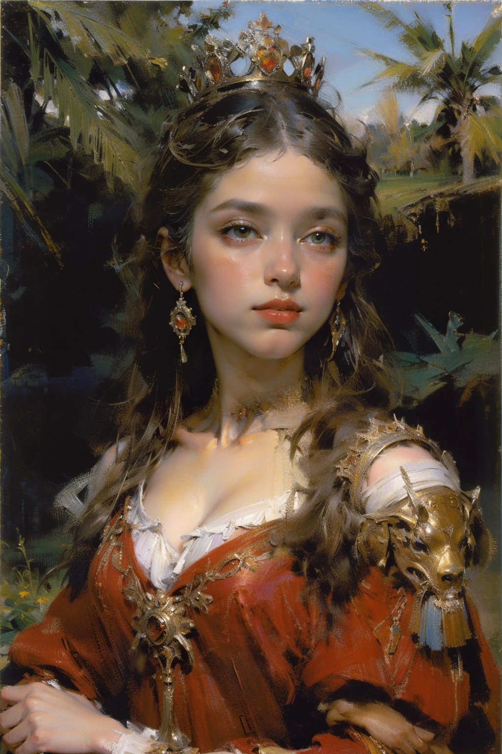 Oil paints,acrycle painting,tmasterpiece,Renaissance style,(Masterpiece, Top quality, Best quality, offcial art, Beautiful and aesthetic:1.2), (1 mature girl), A plump chest, Red dress,royal, Princess, crown, (Beautiful garden:1.3),sunny clear sky, extreme detailed details,Colorful, highest details,