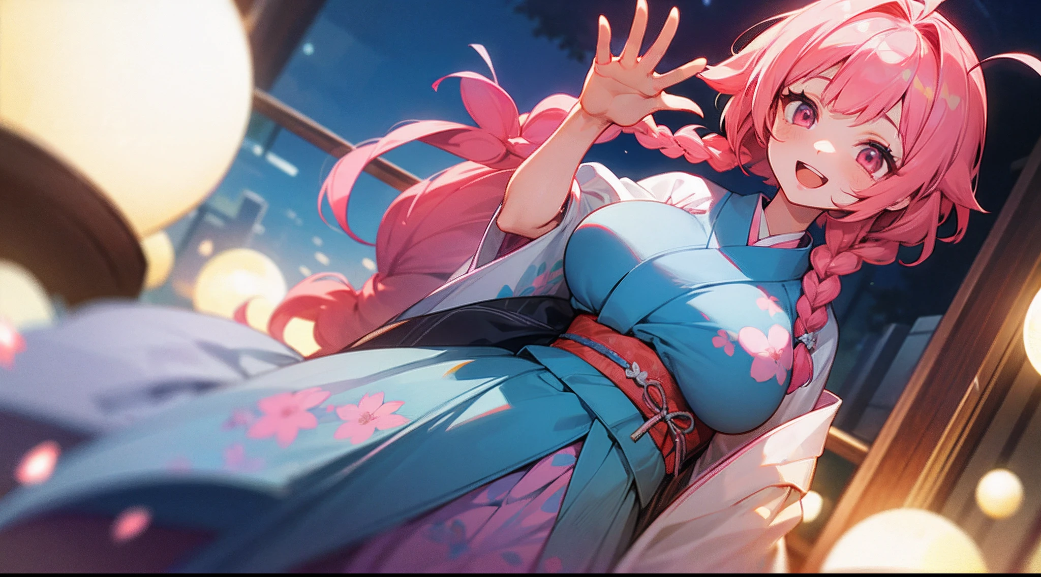 1girl, game CG, floral blue kimono, gigantic breasts, pink hair, long hair, braids, princess hairstyle, ahoge, pink eyes, night, waving, smiling, open mouth,