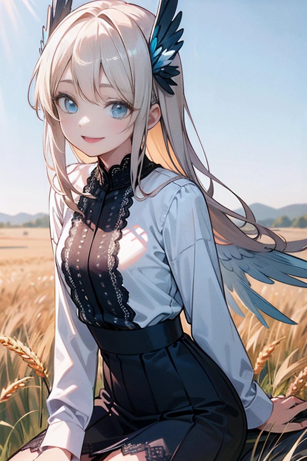 (ultra-detailed:1.3), (illustration:1.2), (disheveled hair, beautiful detailed eyes:1.1), (high resolution),
(solo), (1 girl), sitting, happy, cheerful smile, laughing, flat breast, 
valkyrie, 25 years old, platinum blonde long hair, intake,
(light blue Lace blouse shirt:1.5), plumages headgear, small feather wings, 
black skirt,
fluffy hair, 
plain clothes, private style,
wheat field background, blue sky