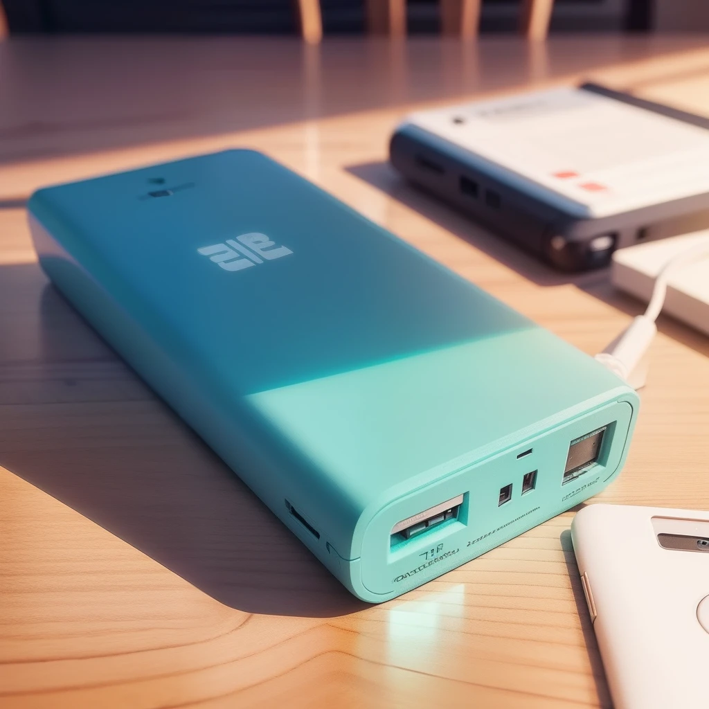 There is a power bank on the table，Give it a close-up，There is a slight table decoration around