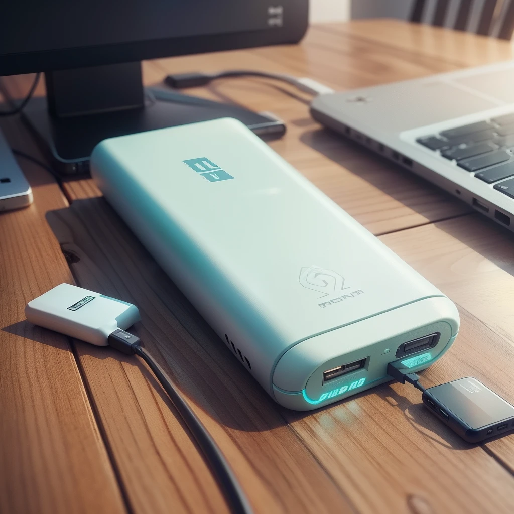 There is a power bank on the table，Give it a close-up，There is a slight table decoration around