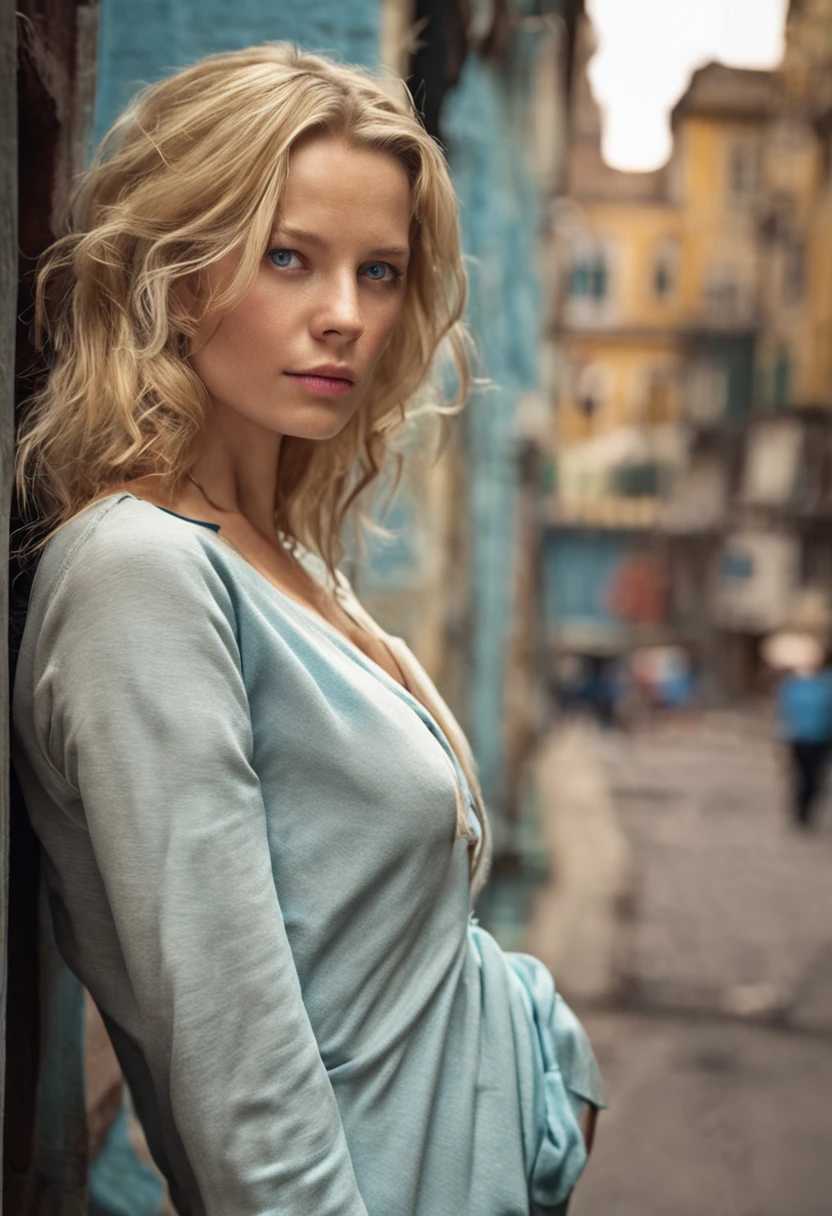 Blond woman, Face in Camera, blue eyes