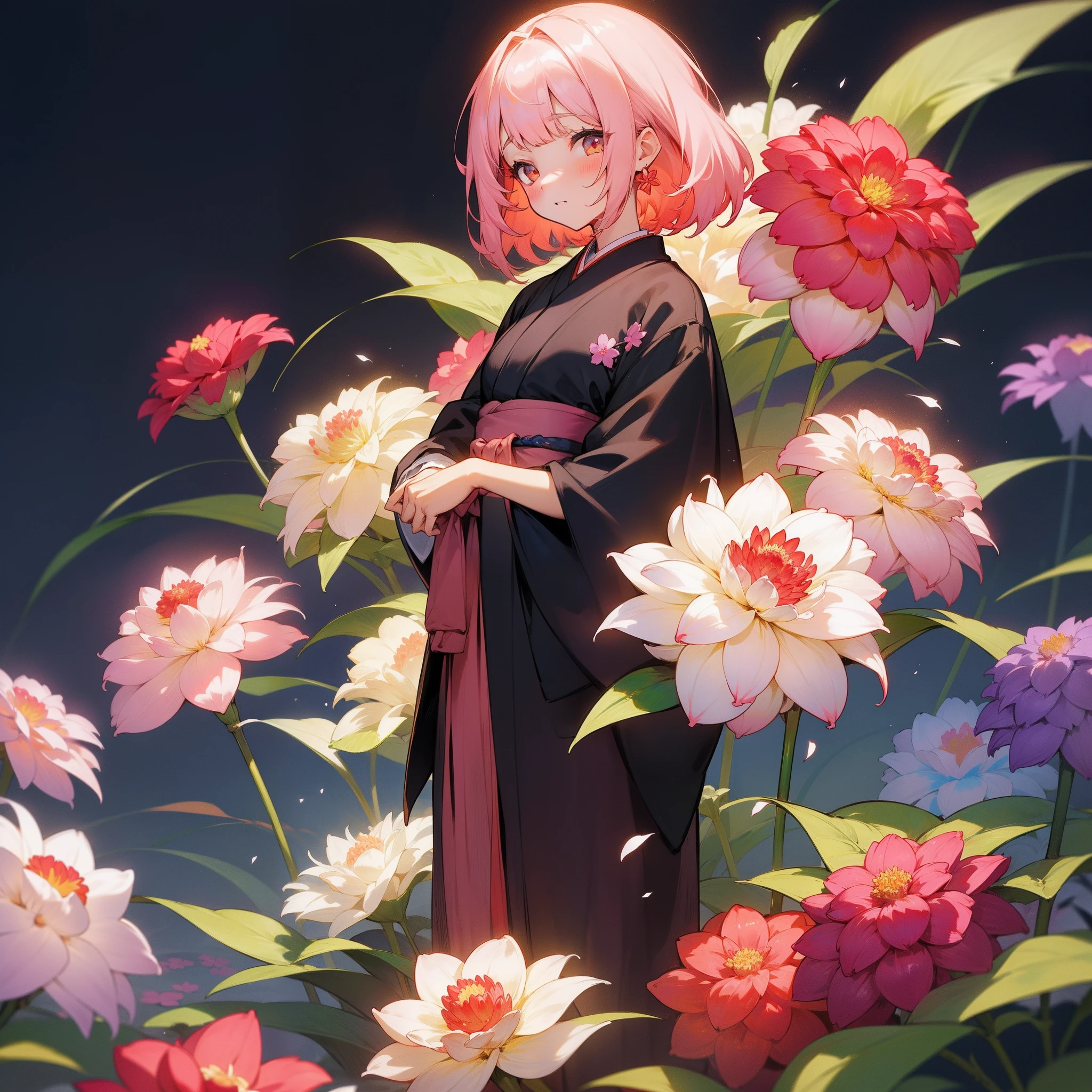 In a beautiful light、One girl was standing in Japanese clothes。Surrounded by colorful dahlia flowers、Colorful dahlias bloomed profusely, as if to bless her、「Gorgeous」、a gorgeous、refinement、Like a dream、Fantastic beauty、