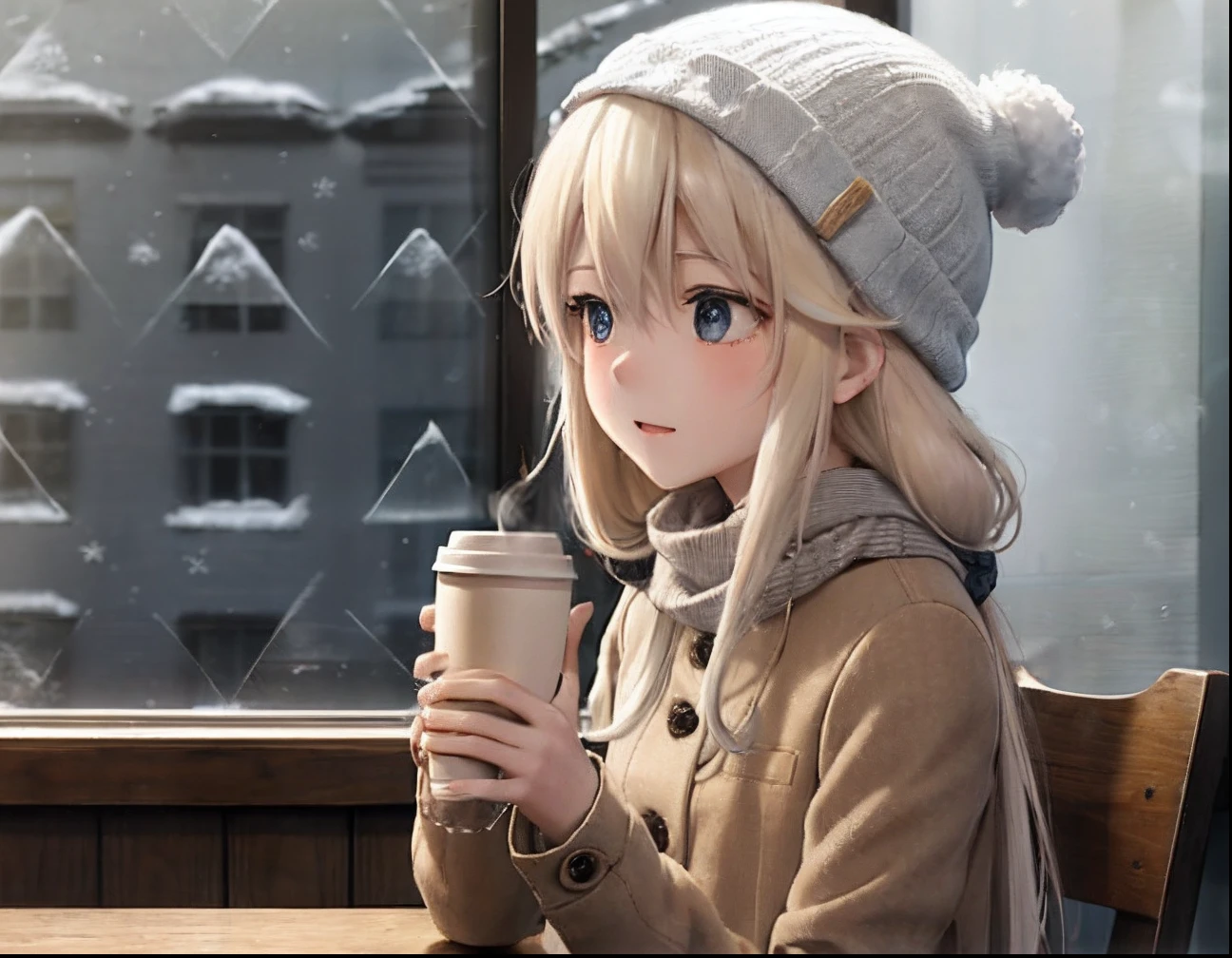 An anime girl（（（lone girl））），（（（Wearing a beanie，Wear clothes with woolen buttons，Long blonde hair））），Sit at a table in a coffee shop，（（（It was snowing outside the window，Outside the window is night，There is a faint light））），Coffee in hand