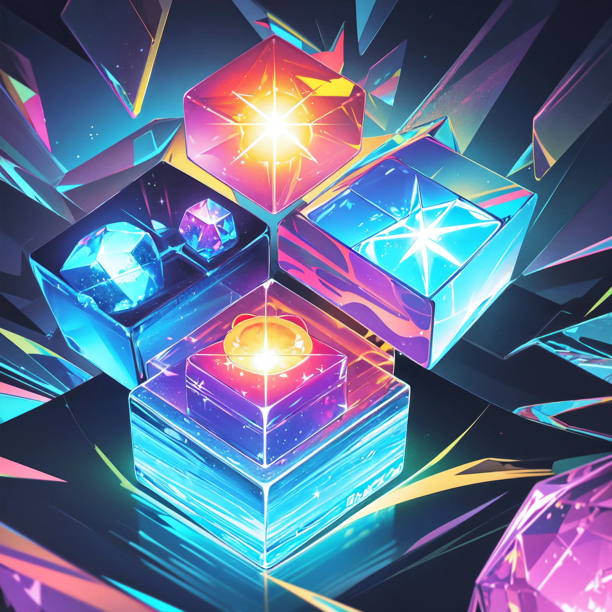 cube, magical, shinny, colourful, beautiful, reflection, fantasy, abstract, 4d , sun lighting, rim lights, sparkles,  bloom,cool, bright colours, shinny , masterpiece, high quality, crystal, neon, wallpaper HD quality crystal neon wallpaper, abstract, art, colourful vibrant colours light, science, scifi, crystal skull, bones