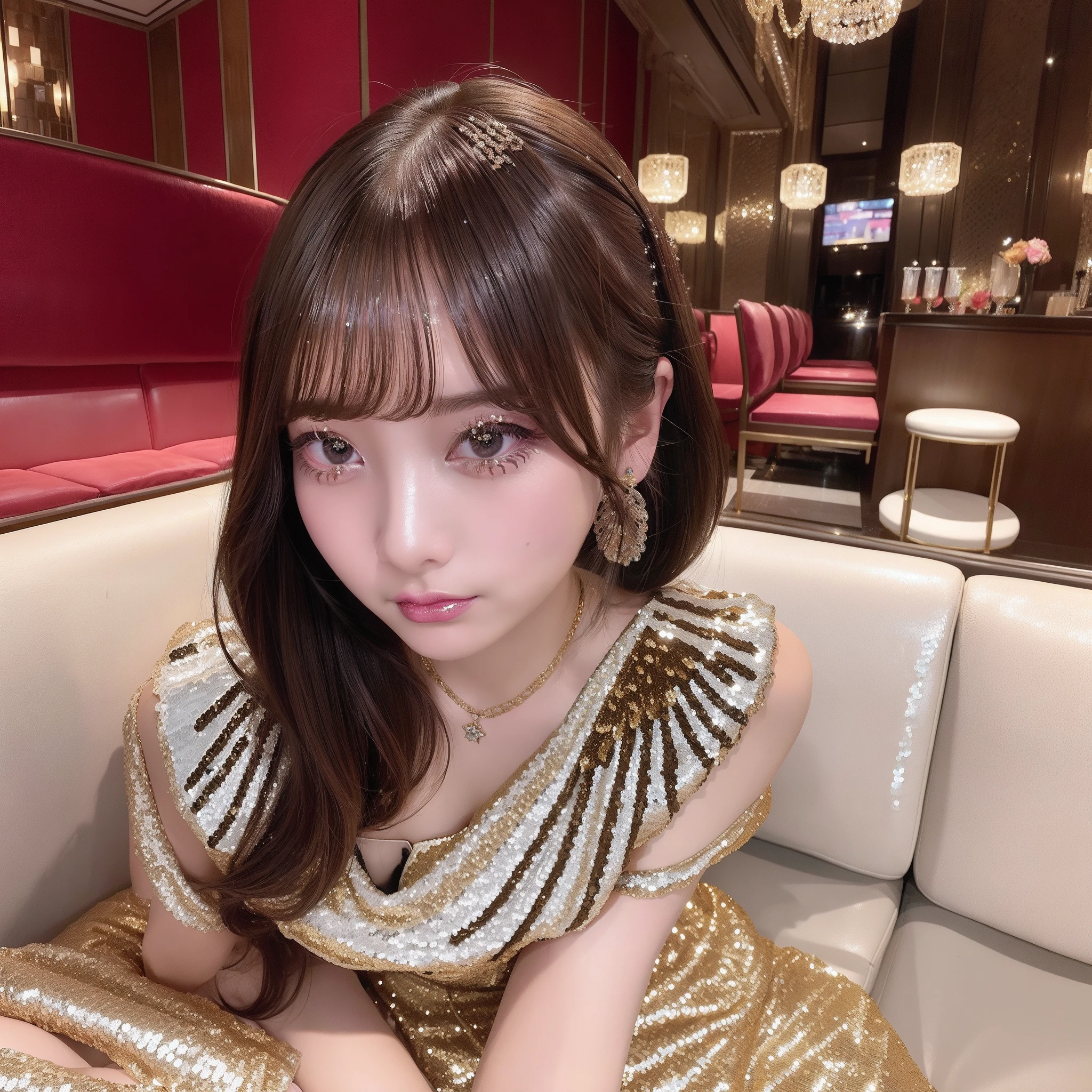 The background is a high-class girls' bar、Inside the restaurant、Limited Edition Decoration、Expensive sofa and marble table、indirect lighting、Floor light、
1 rapariga、Upstyle、(Sequin Dresses:1.3)、high-heels、Sparkly jewelry、huge tit