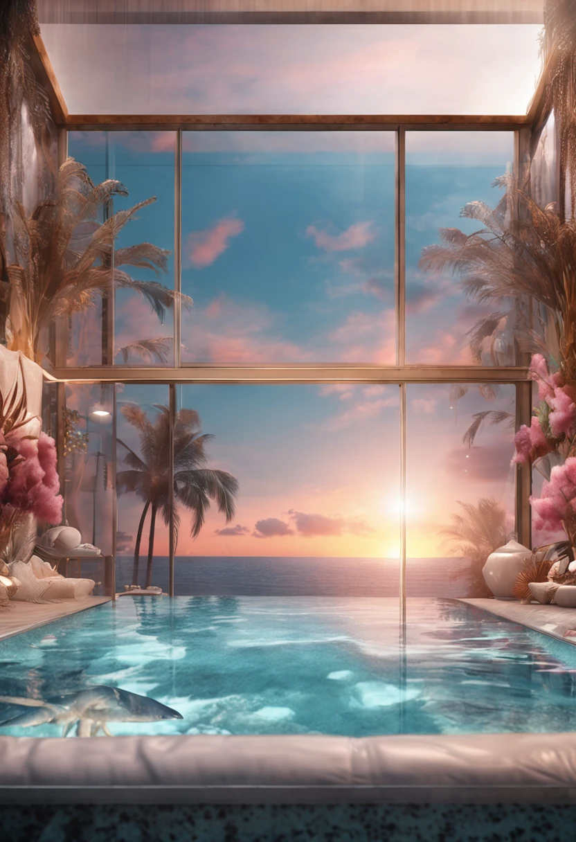 hyper realistic photo, ultra detailed photograph of a beautiful crystal clear bed, seashell pillows, mermaidcore, photorealistic, iridescent, hyperrealism, opal blankets, pool above bed, shimmering water, foamy, wavy, sexy, Ultra photoreal, Intricate details, Ultra detailed, elegant photorealistic, great high details, hyper real photo, 8k, extreme quality, mirrors, flowers, jewels, coral, full room, exotic, glimmering lights, magical, sea, paradise, bioluminescence