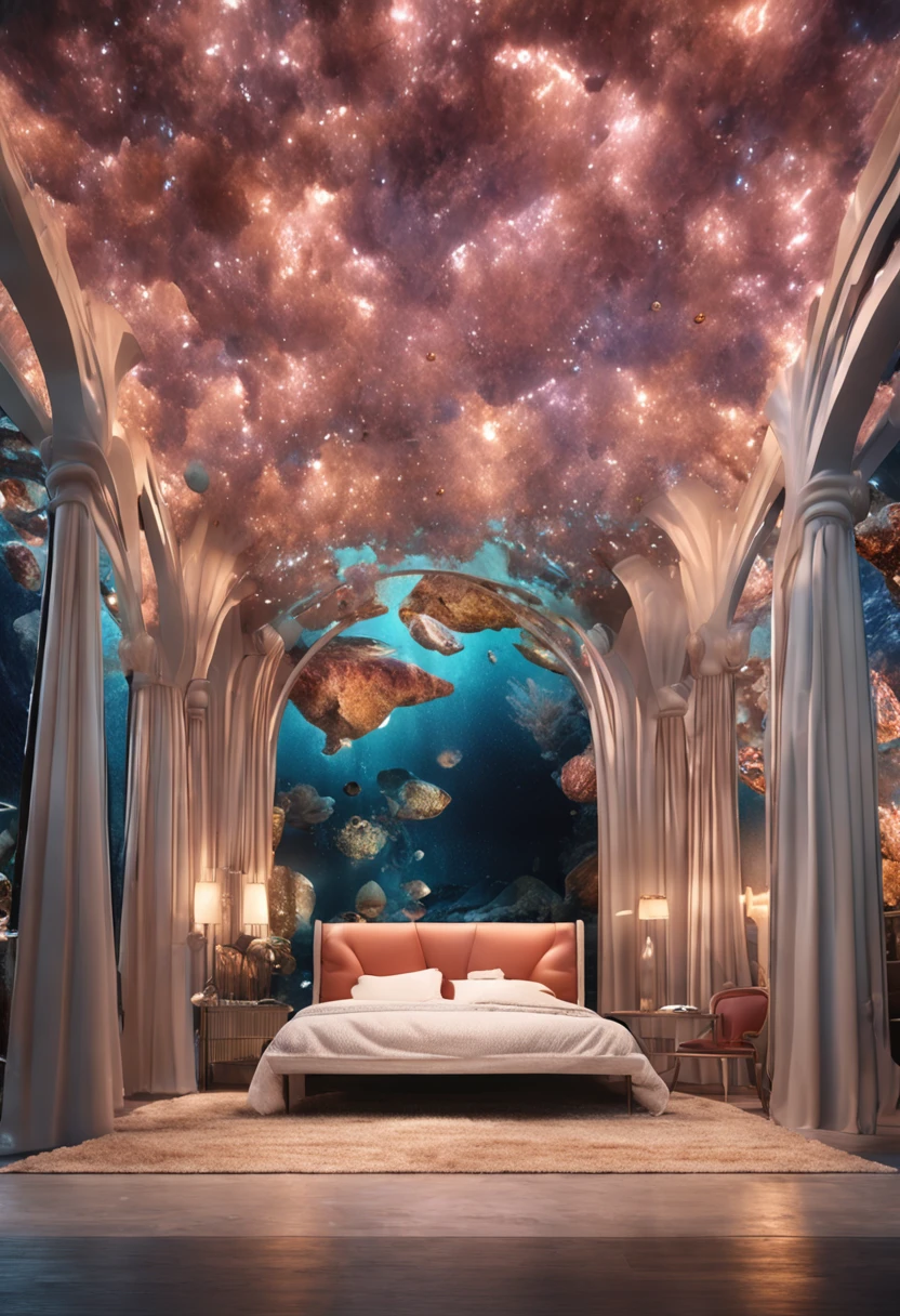 hyper realistic photo, ultra detailed photograph of a beautiful crystal clear bed, seashell pillows, mermaidcore, photorealistic, iridescent, hyperrealism, opal blankets, pool above bed, shimmering water, foamy, wavy, sexy, Ultra photoreal, Intricate details, Ultra detailed, elegant photorealistic, great high details, hyper real photo, 8k, extreme quality, mirrors, flowers, jewels, coral, full room, exotic, glimmering lights, magical, sea, paradise, bioluminescence