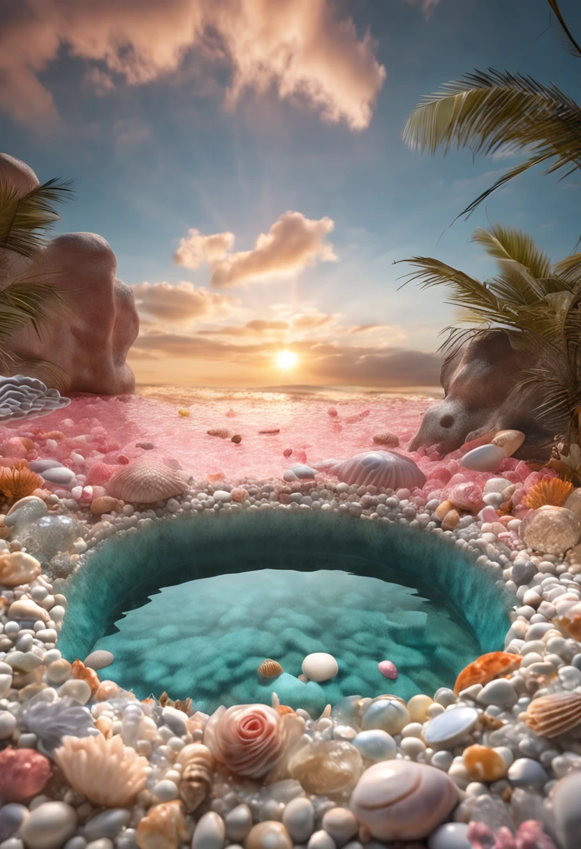 hyper realistic photo, ultra detailed photograph of a beautiful crystal clear bed, seashell pillows, mermaidcore, photorealistic, iridescent, hyperrealism, opal blankets, pool above bed, shimmering water, foamy, wavy, sexy, Ultra photoreal, Intricate details, Ultra detailed, elegant photorealistic, great high details, hyper real photo, 8k, extreme quality, mirrors, flowers, jewels, coral, full room, exotic, glimmering lights, magical, sea, paradise, bioluminescence