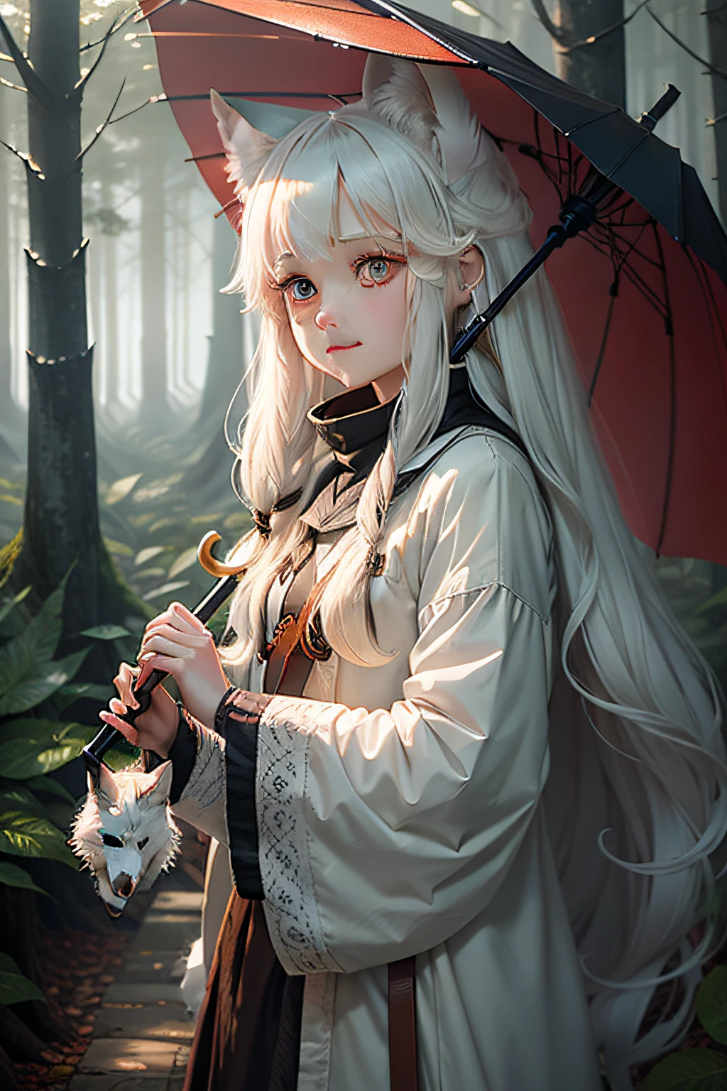 On a rainy day, a long-haired girl holding an oil-paper umbrella in the forest leads a small white fox